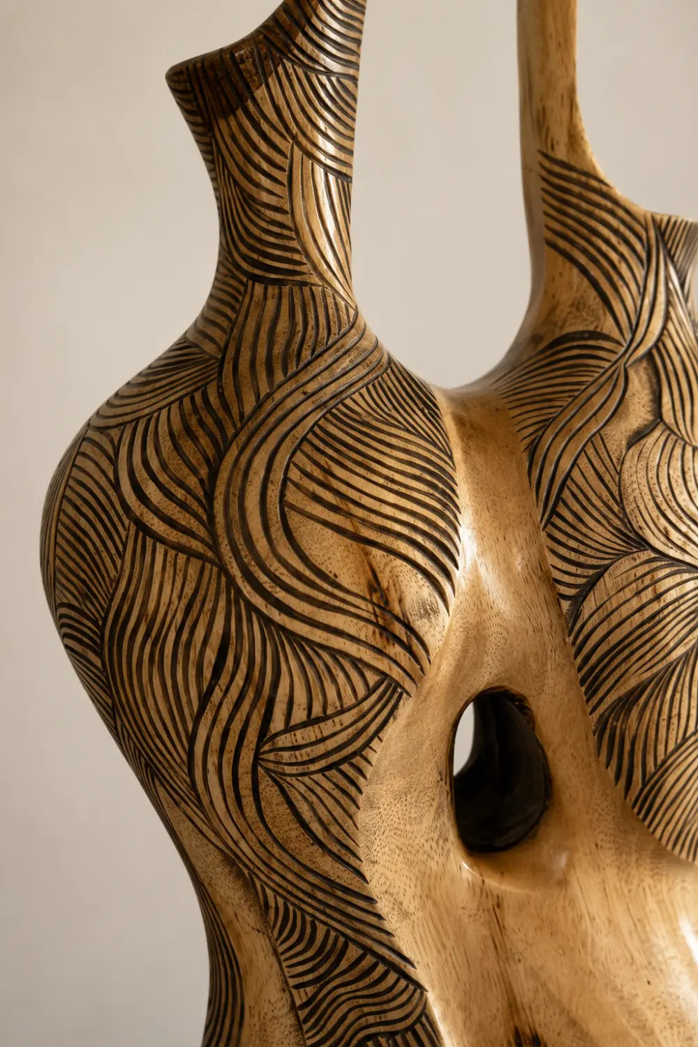 Hand Carved Abstract Wooden Vase With Flowing Lines For Modern Home Decor