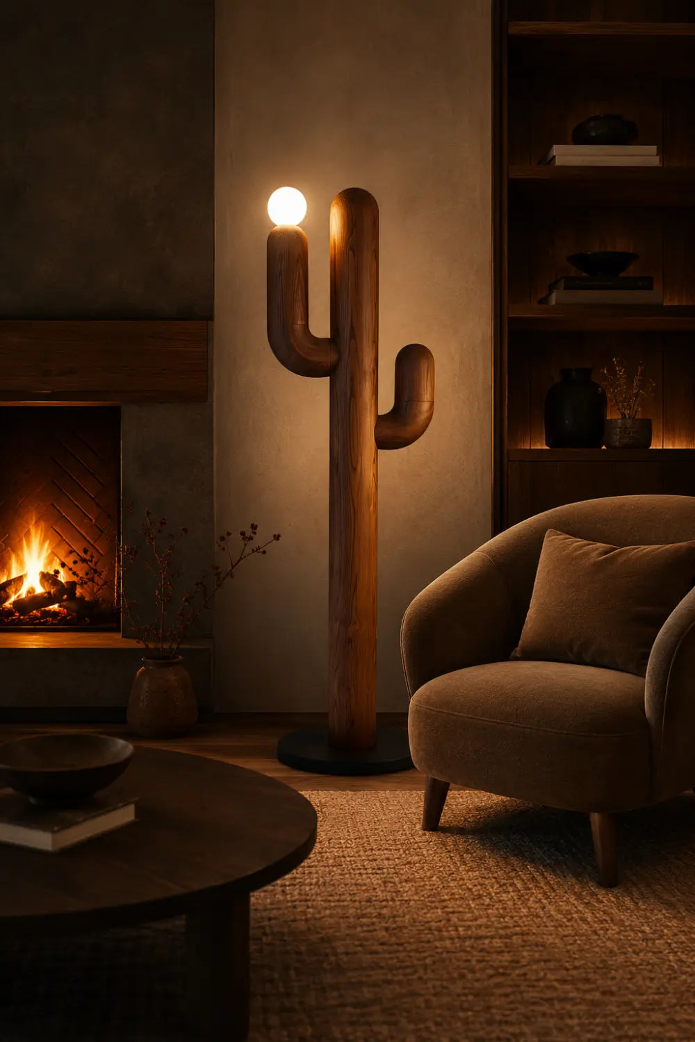 Modern Walnut Cactus Floor Lamp Minimalist Wooden Light Sculpture For Living Room Decor