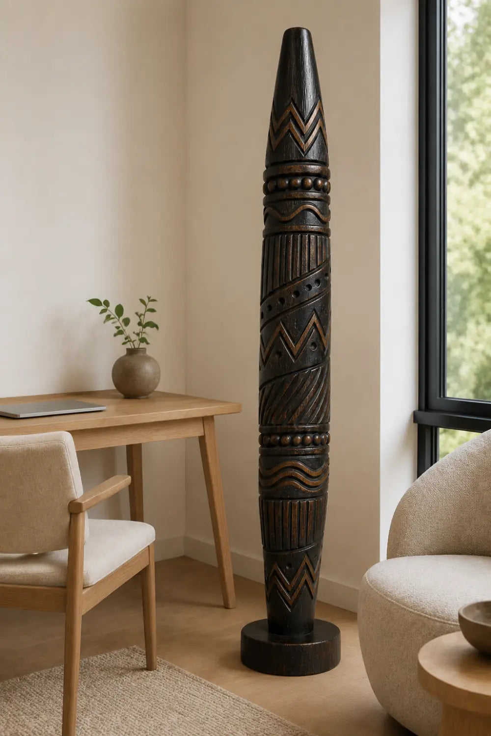 Large Freestanding Abstract Wooden Statue Ethnic Art Decor Tall Chevron Pillar For Living Space