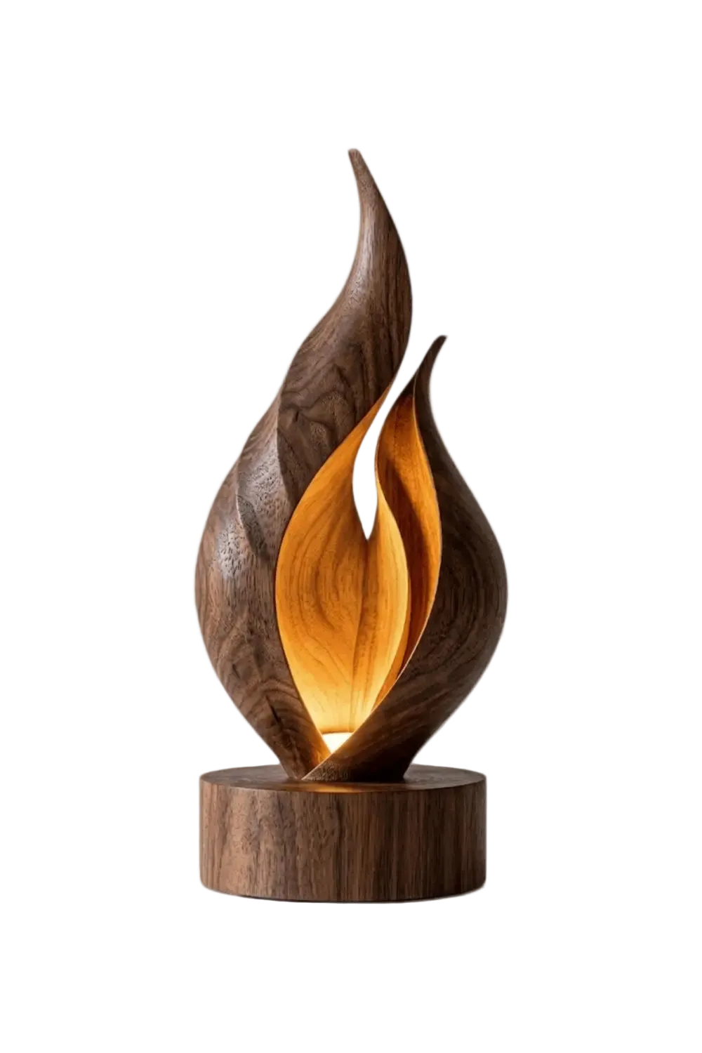 Solid Wood Flame Sculpture Lamp Warm White Light Artistic Desk Accent For Living Room