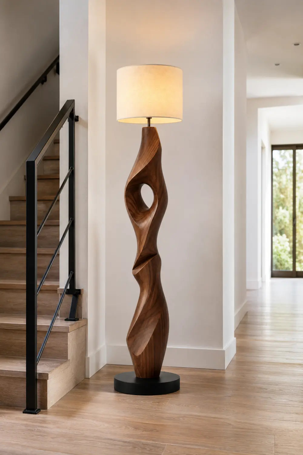 Sculptural Walnut Wood Floor Lamp With Abstract Spiral Form For Modern Living Rooms