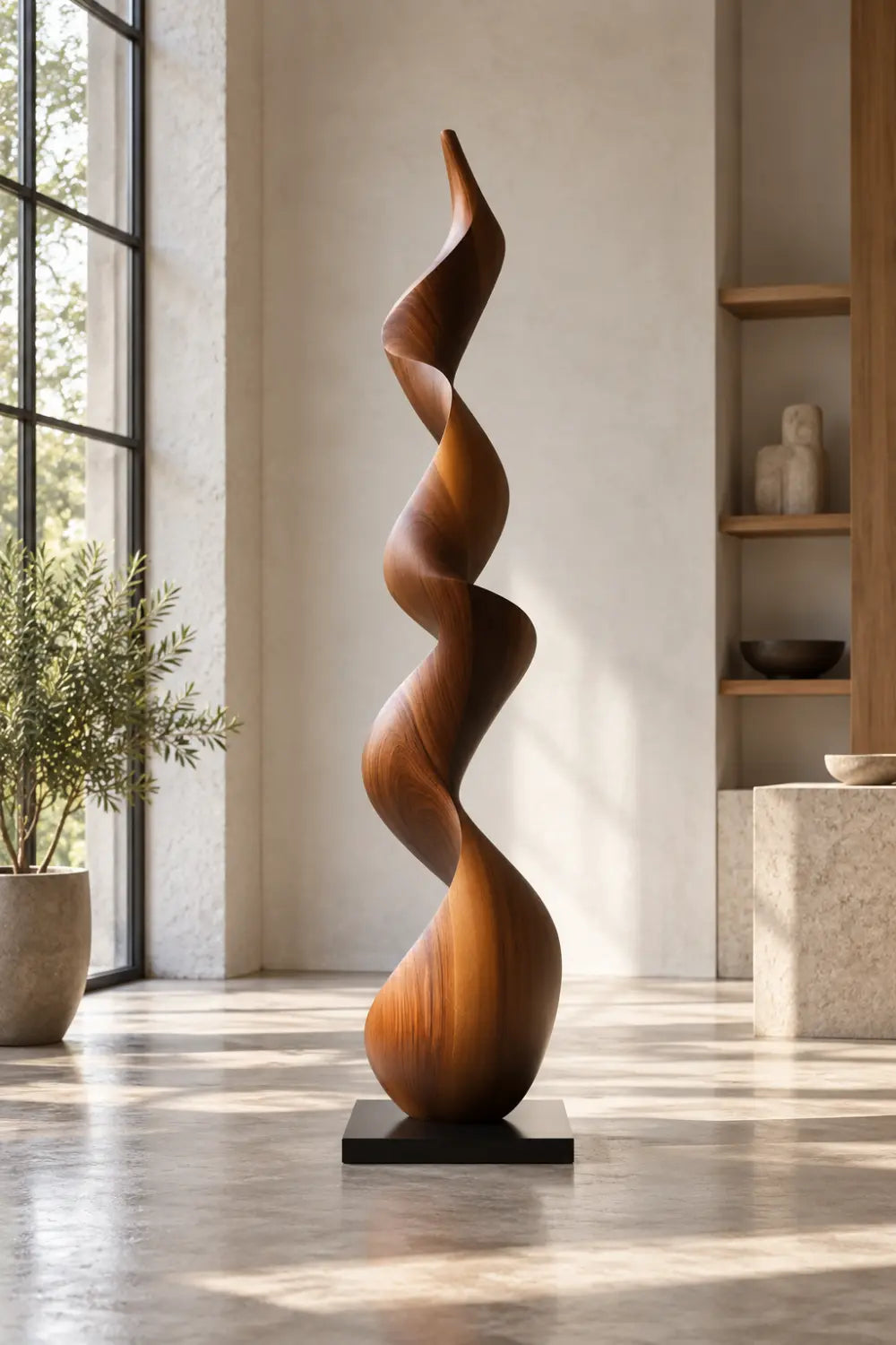 Large Walnut Wood Spiral Sculpture For Modern Living Room Freestanding Abstract Art