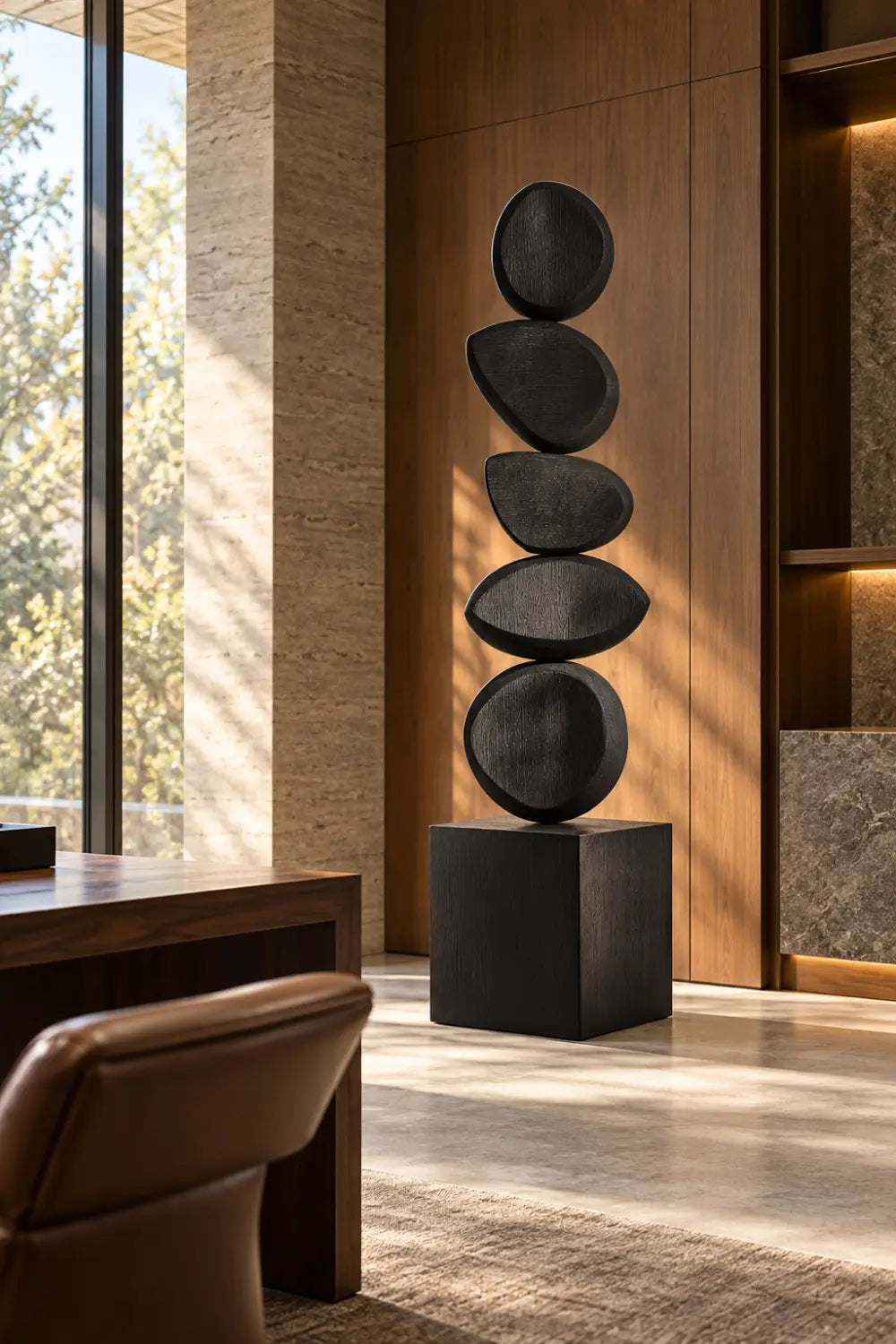 Large Black Abstract Wood Sculpture For Modern Home Decor