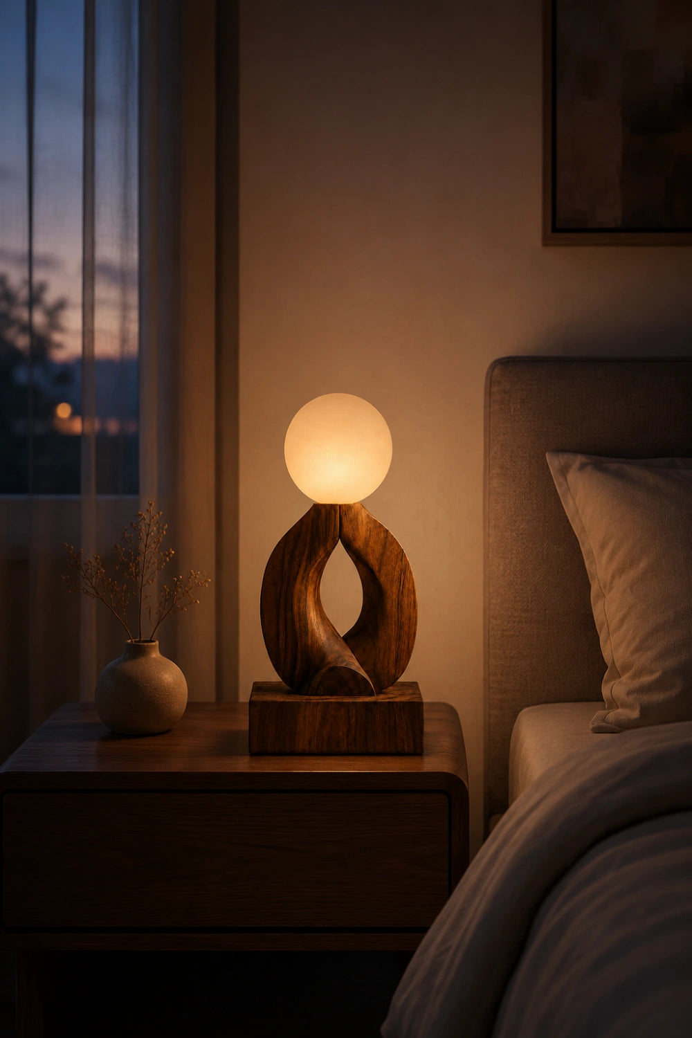 Hand Carved Wooden Art Lamp Sculptural Lighting Fixture Natural Walnut Finish Home Accent