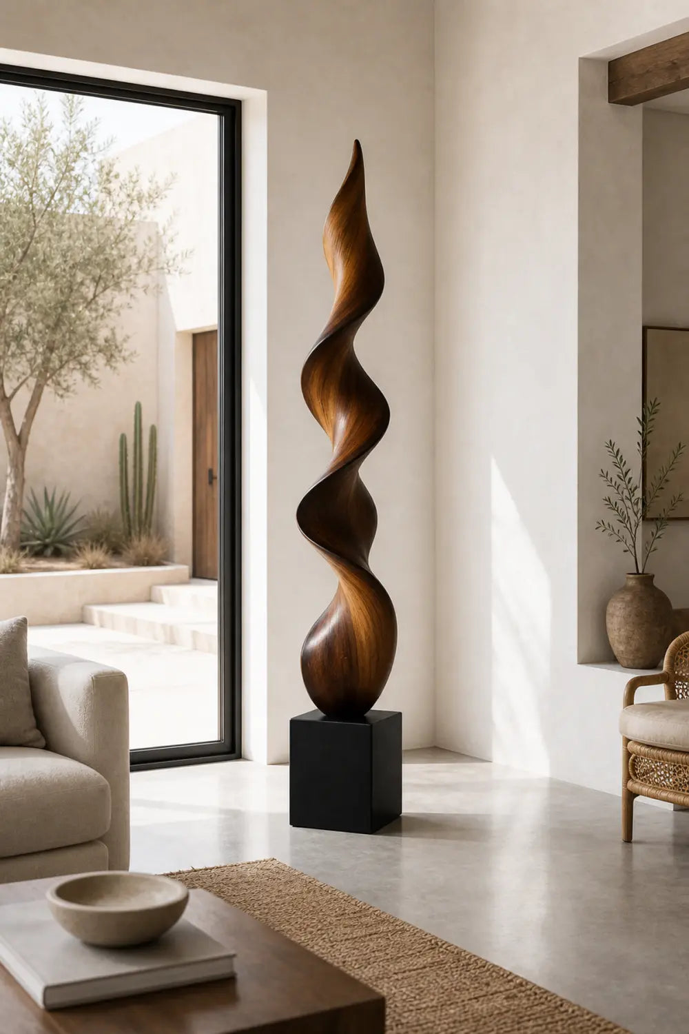 Large Abstract Walnut Wood Spiral Sculpture For Modern Home Decor And Gallery Display