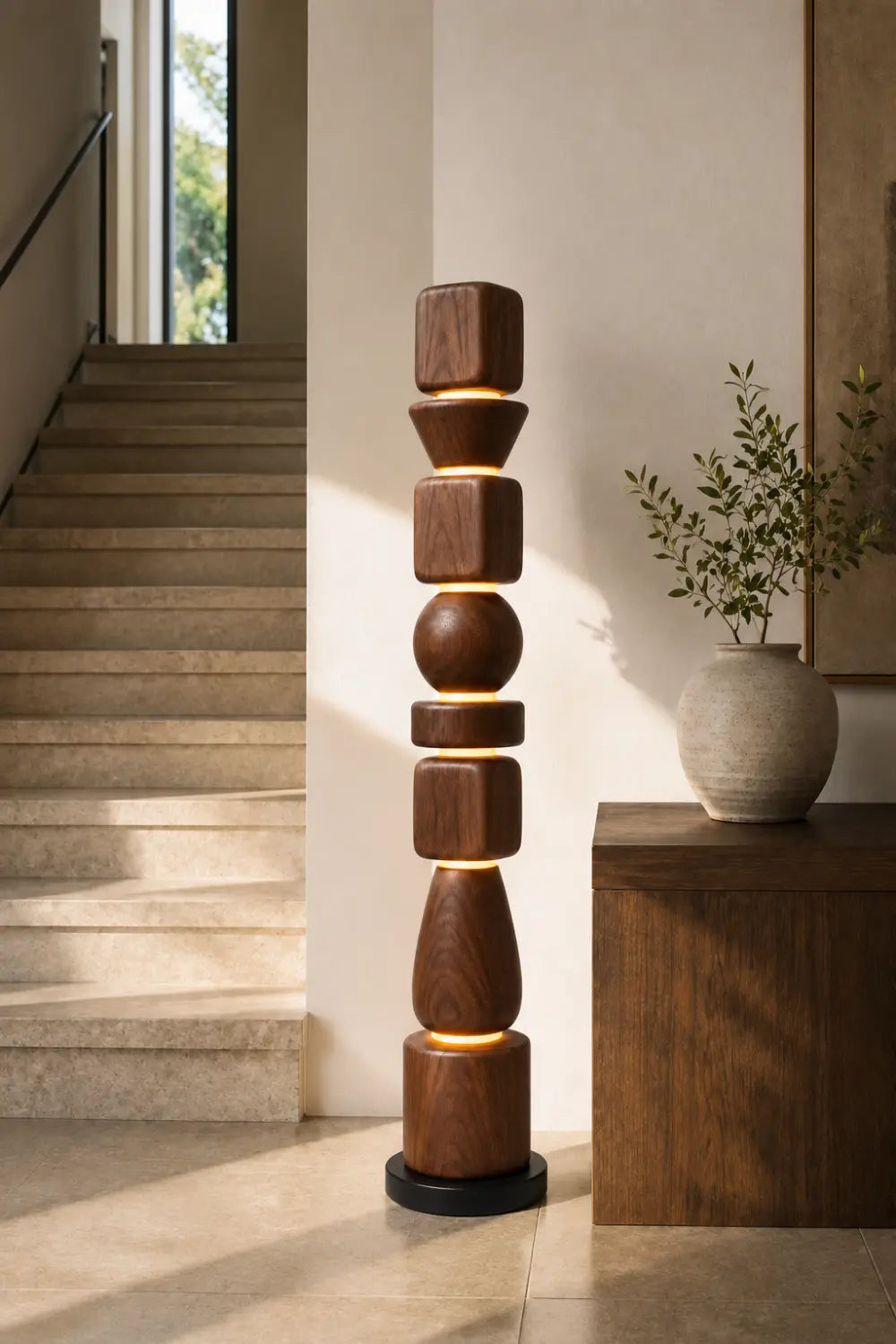 Sculptural Wooden Lamp Abstract Geometric Totem Style Lighting Fixture For Luxury Home Interiors