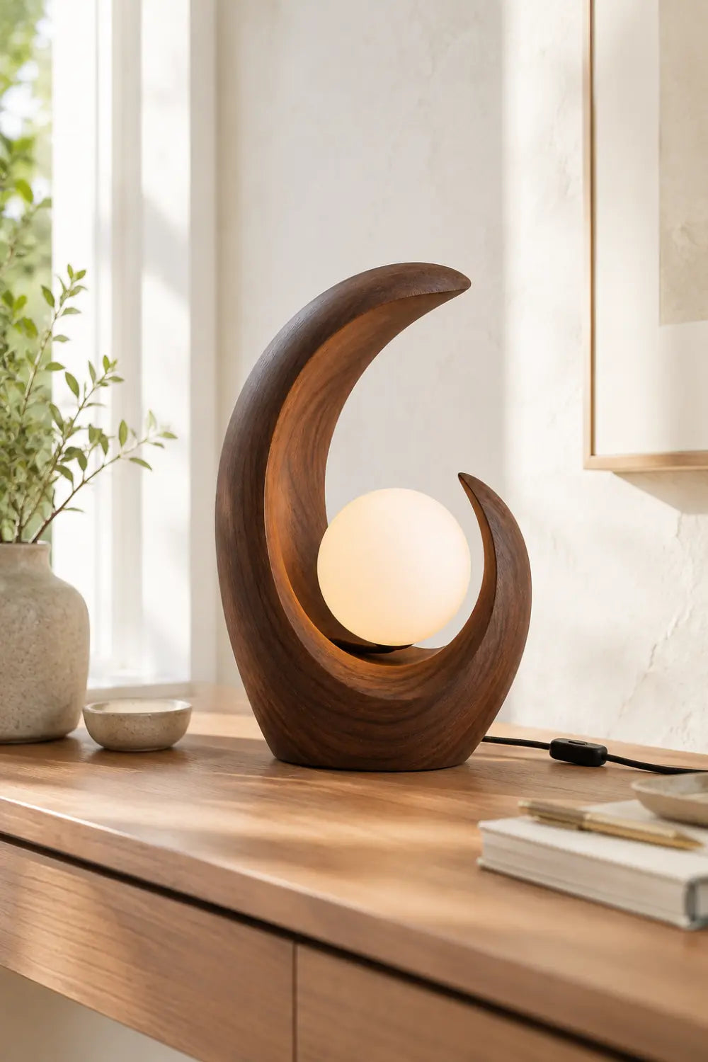 Modern Crescent Wood Table Lamp | Abstract Curved Wave Desk Light For Space Decor