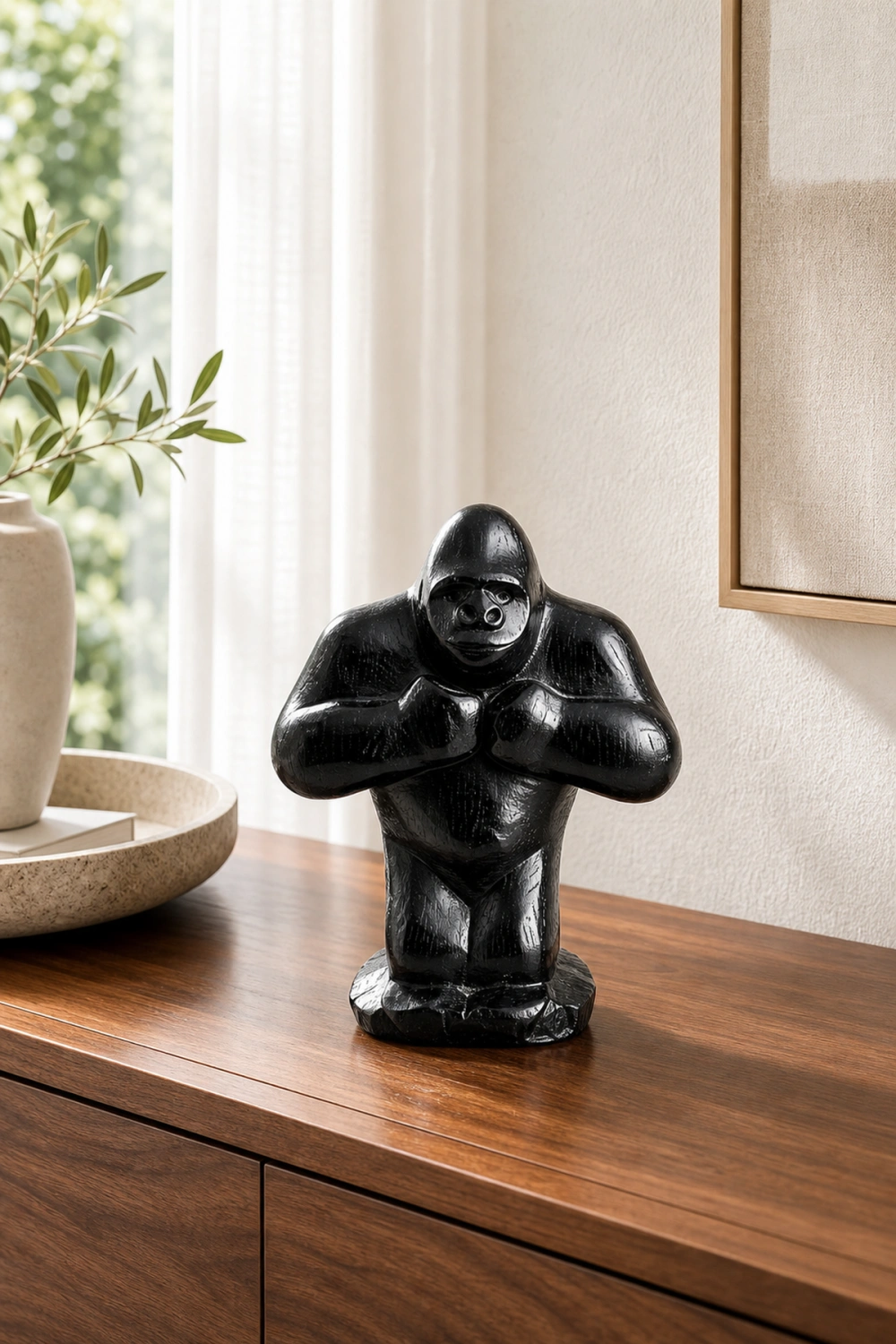 Hand Carved Gorilla Wood Sculpture - Modern Animal Desk Decor For Home Office