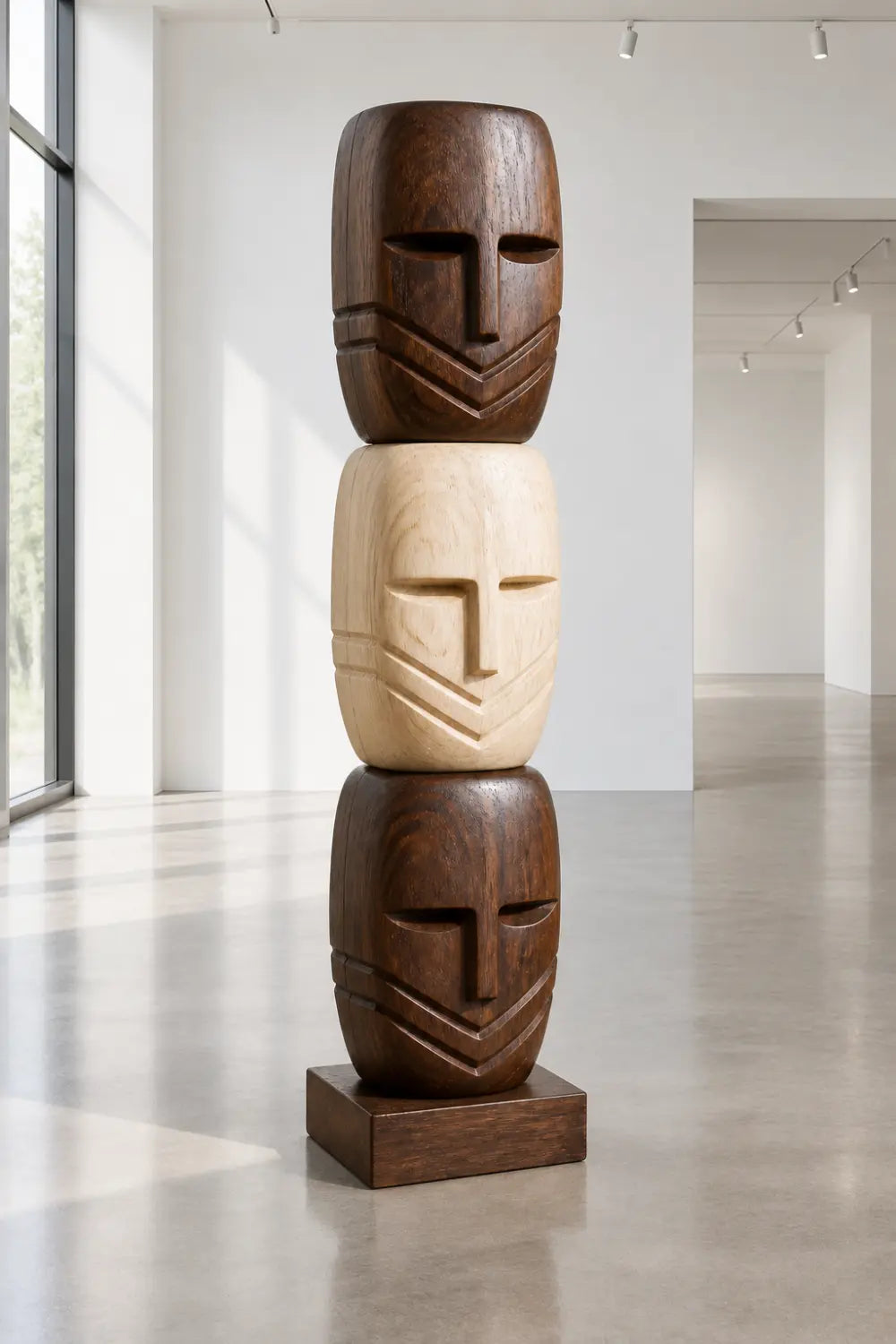 Large African Tribal Wood Sculpture With Abstract Human Faces For Modern Home Decor