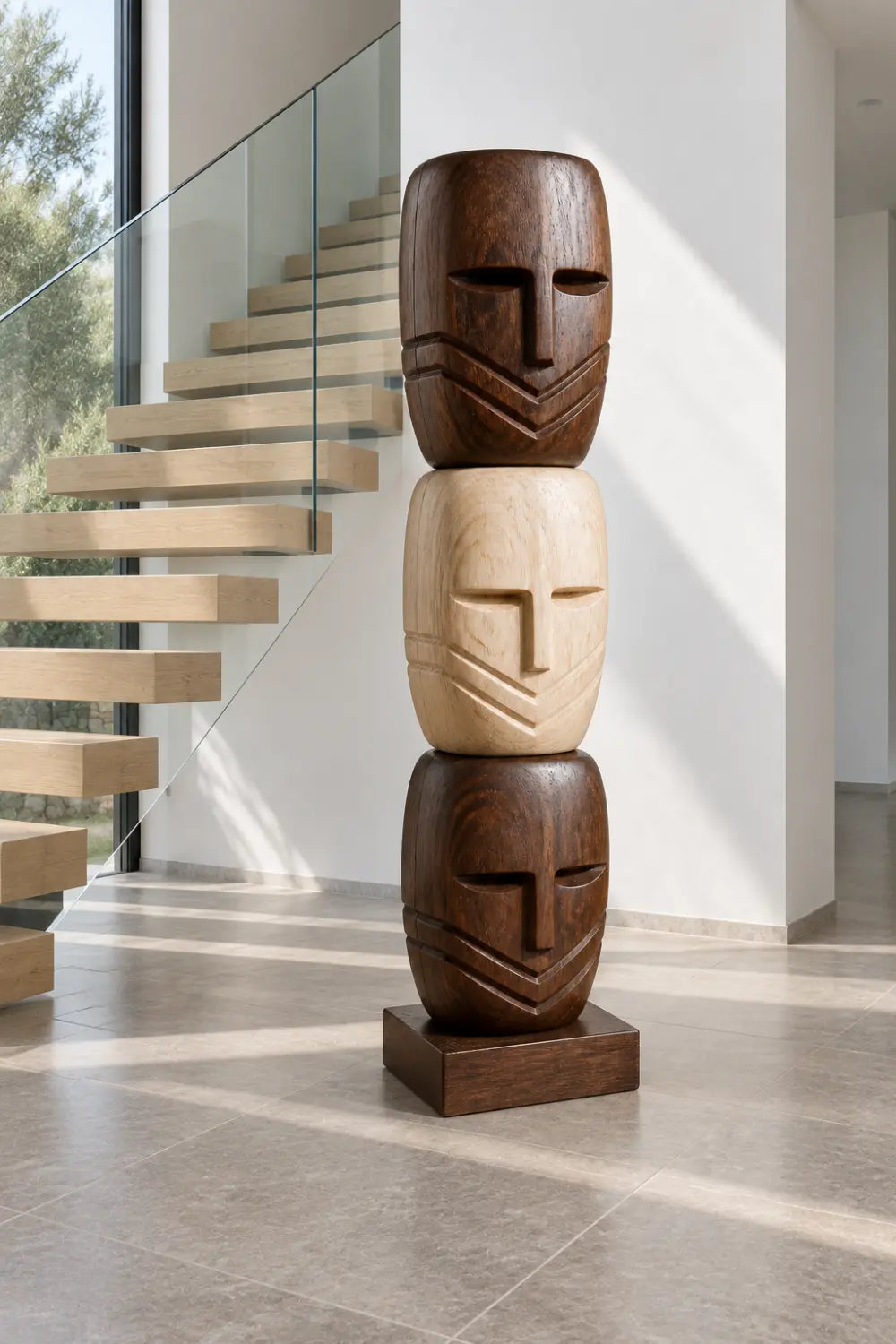 Large African Tribal Wood Sculpture With Abstract Human Faces For Modern Home Decor