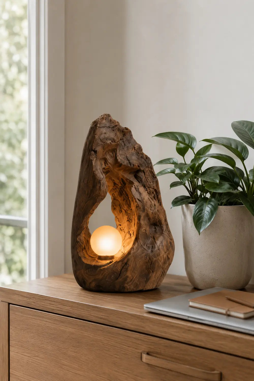 Hand Carved Organic Wood Table Lamp With Warm Glow For Modern Living Rooms
