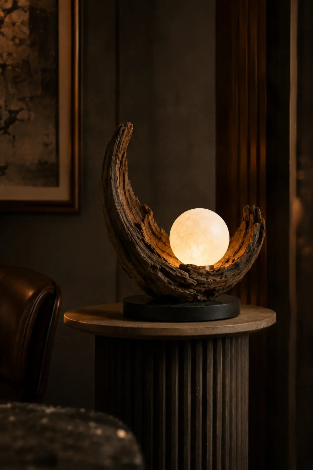 Abstract Wooden Sculpture Lamp Crescent Shape With Warm Light For Living Room