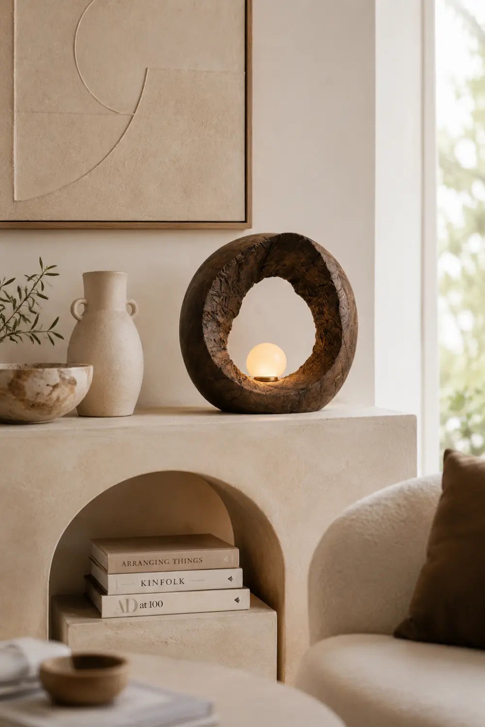 Handcrafted Wooden Table Lamp With Abstract Ring Shape For Modern Home Decor