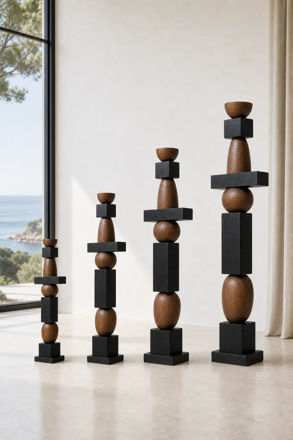 Large Geometric Wooden Sculpture For Minimalist Living Room Decor - Freestanding Abstract Art
