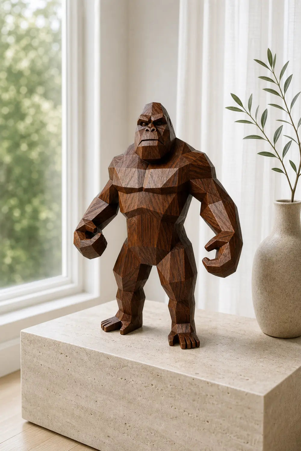 Hand Carved Wooden Gorilla Sculpture Modern Geometric Animal Decor For Living Room