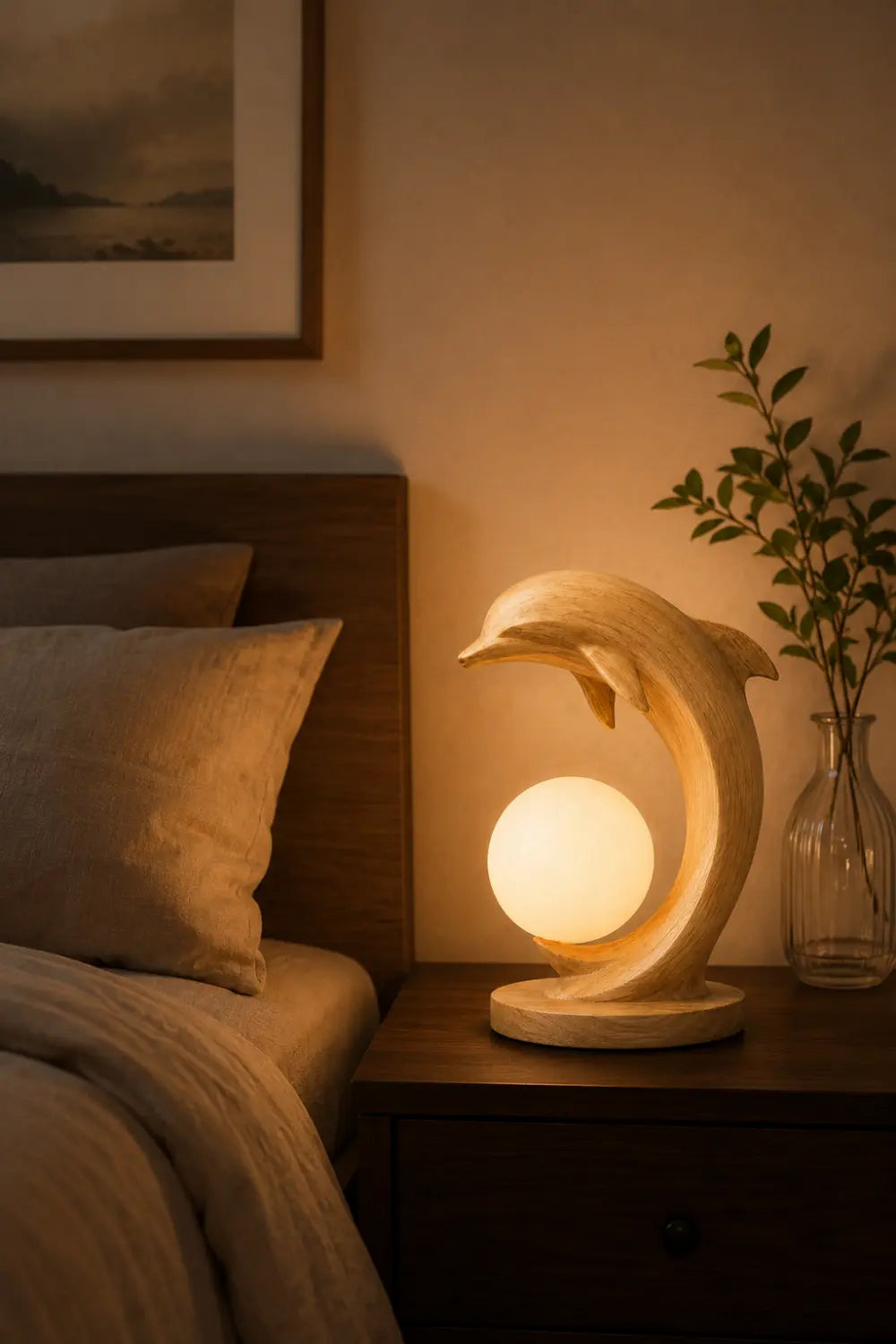 Natural Wood Dolphin Sculpture Lamp With Warm Light For Bedroom Or Study Desk Decoration
