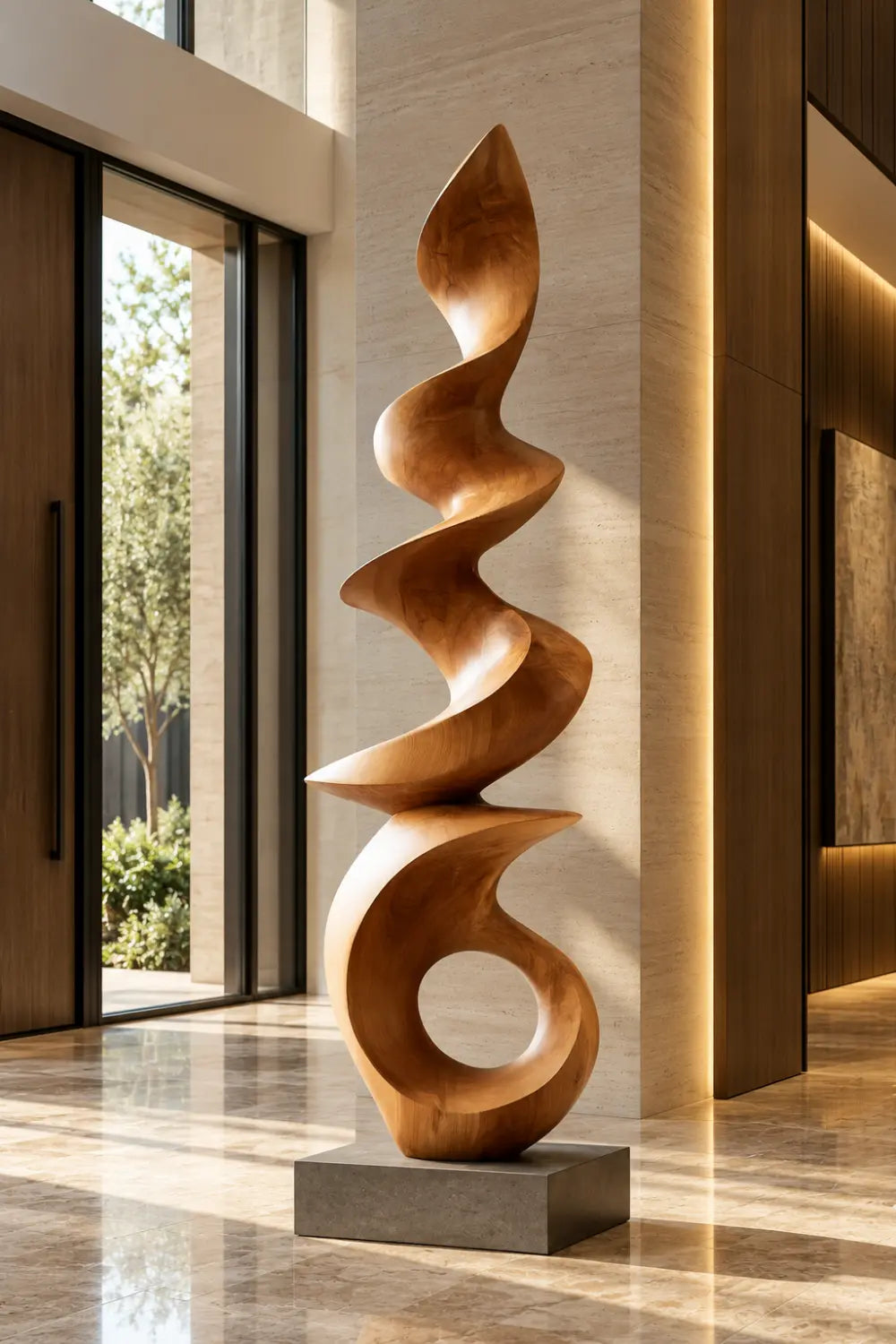 Large Spiral Wood Floor Sculpture | Abstract Open Ring Statue For Living Space