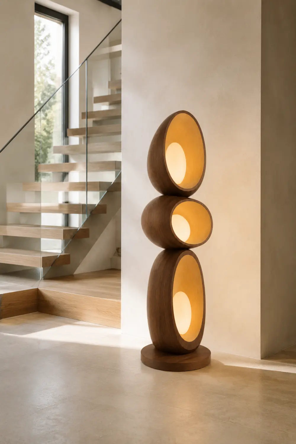 Modern Walnut Floor Lamp With Abstract Stacked Wood Design For Living Room