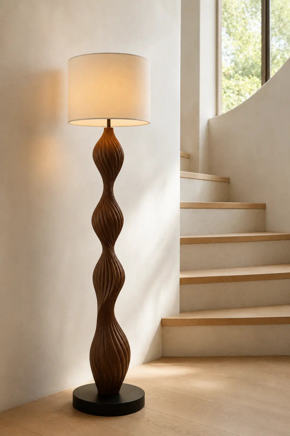 Modern Spiral Wood Floor Lamp With Warm Linen Shade For Contemporary Living Rooms