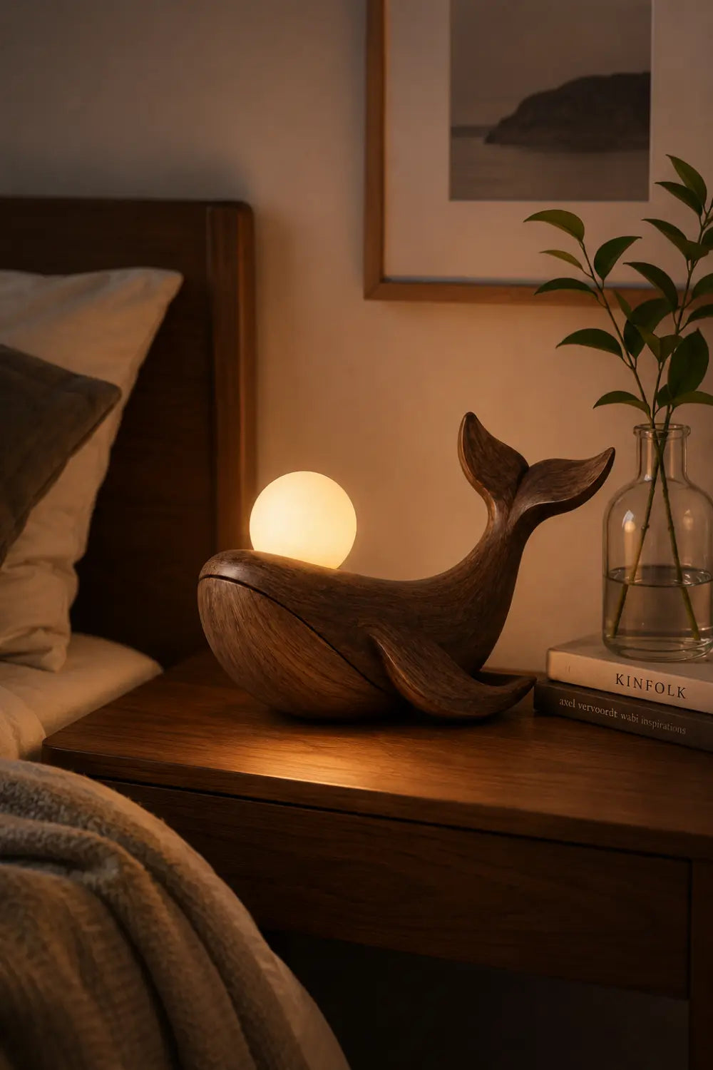 Solid Walnut Whale Sculpture Lamp Hand Carved Natural Wood Grain Tabletop Lighting