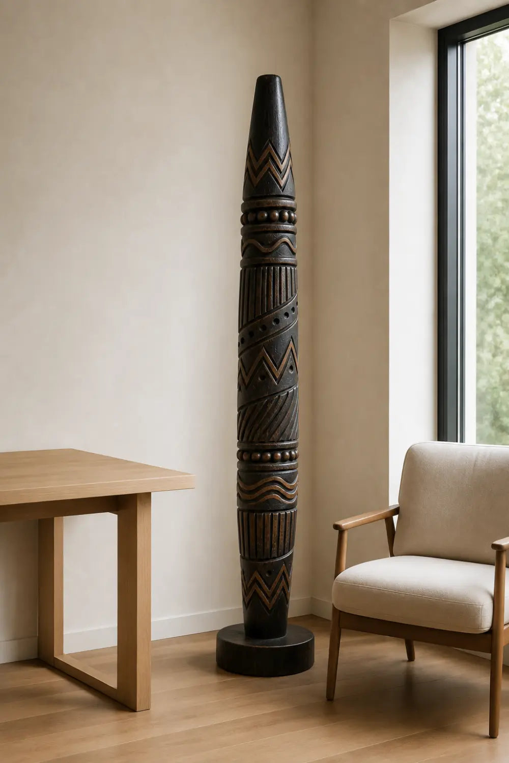 Large Freestanding Abstract Wooden Statue Ethnic Art Decor Tall Chevron Pillar For Living Space