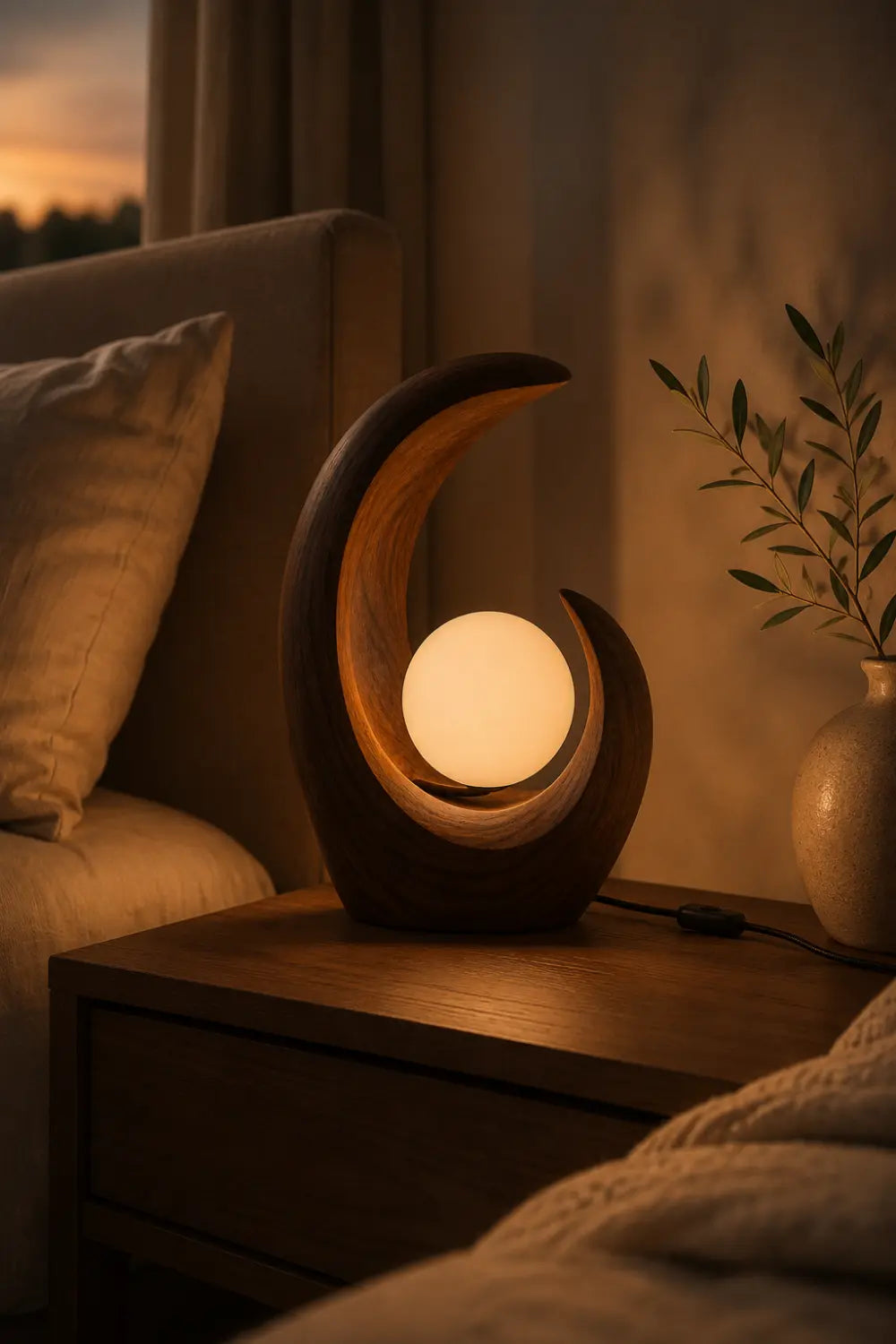 Modern Crescent Wood Table Lamp | Abstract Curved Wave Desk Light For Space Decor