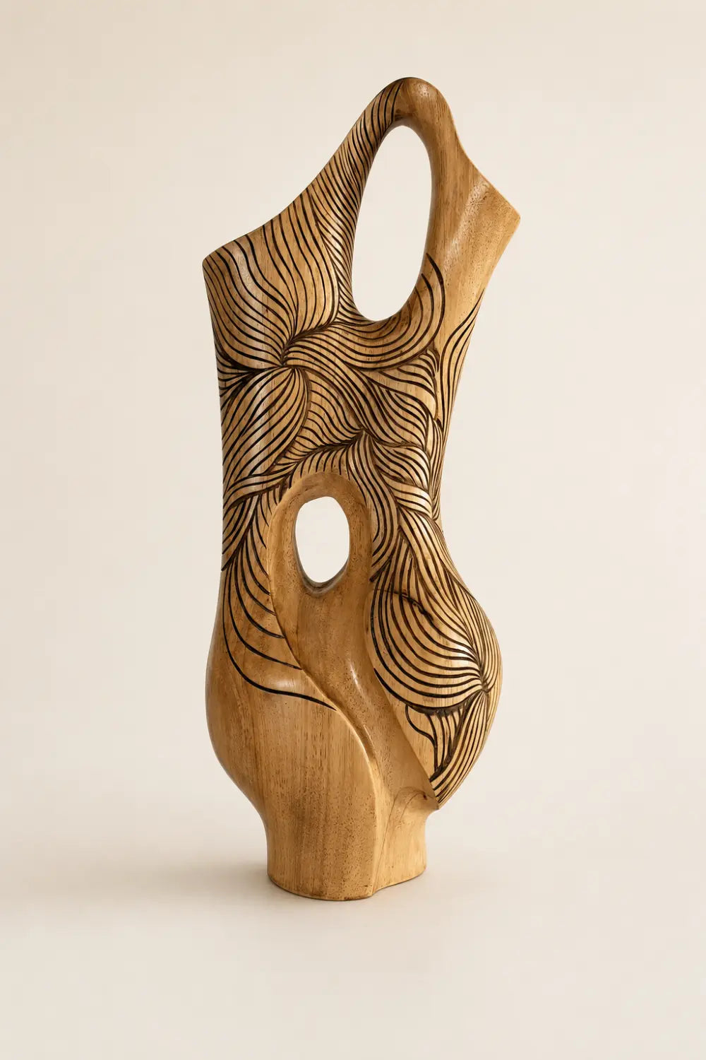 Hand-Carved Abstract Wooden Vase For Modern Home Decor And Living Rooms