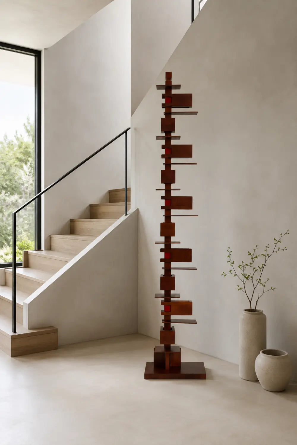 Large Modern Wooden Floor Lamp Abstract Geometric Totem Design For Living Room