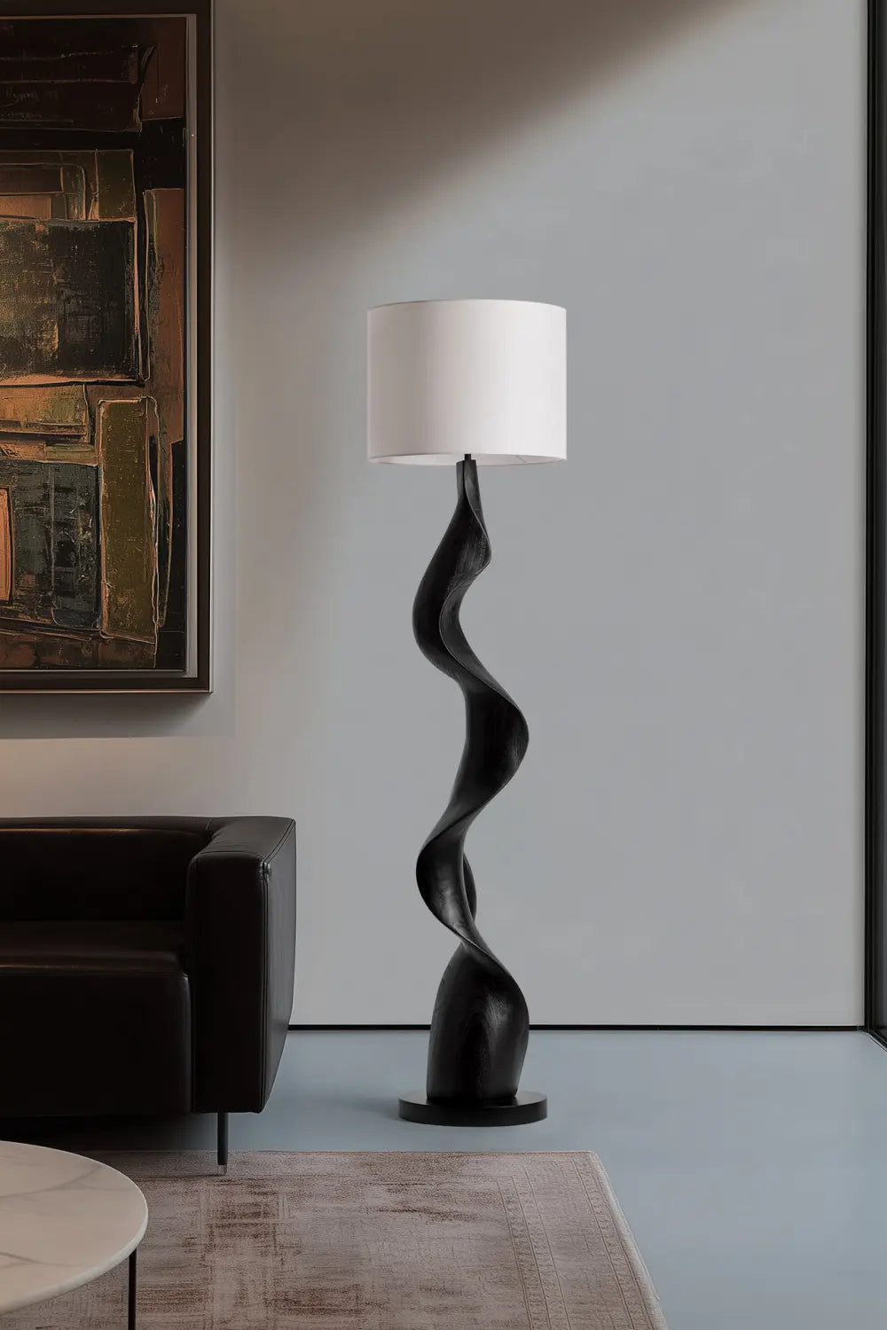 Modern Abstract Wood Floor Lamp With Twisted Sculptural Base For Living Room