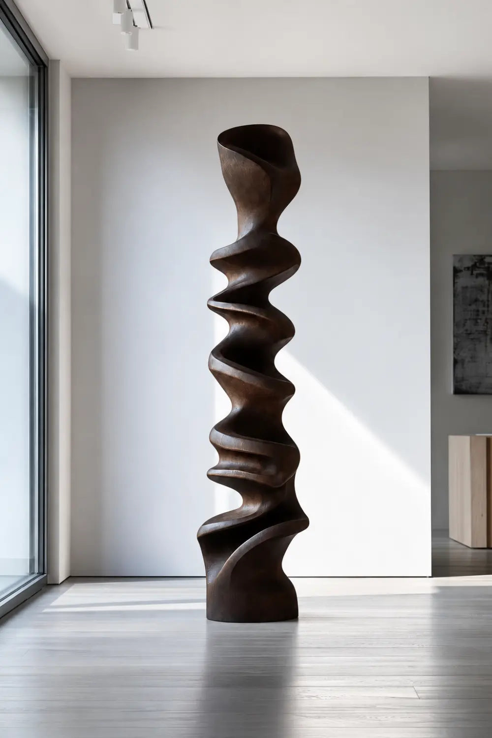 Large Abstract Walnut Wood Floor Sculpture Modern Spiral Form