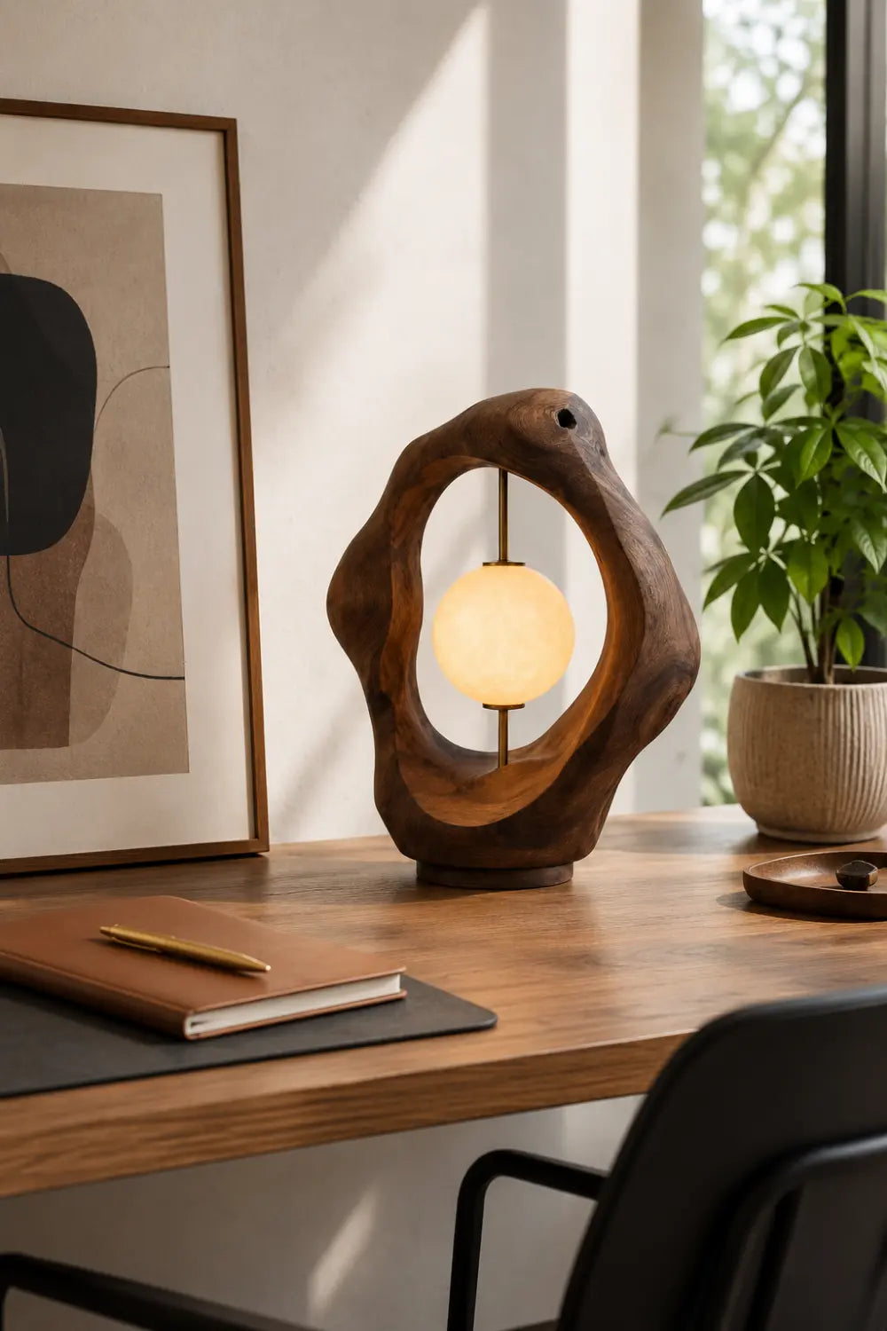 Biomorphic Wood Loop Table Lamp | Abstract Fluid Halo Desk Light For Space Decor