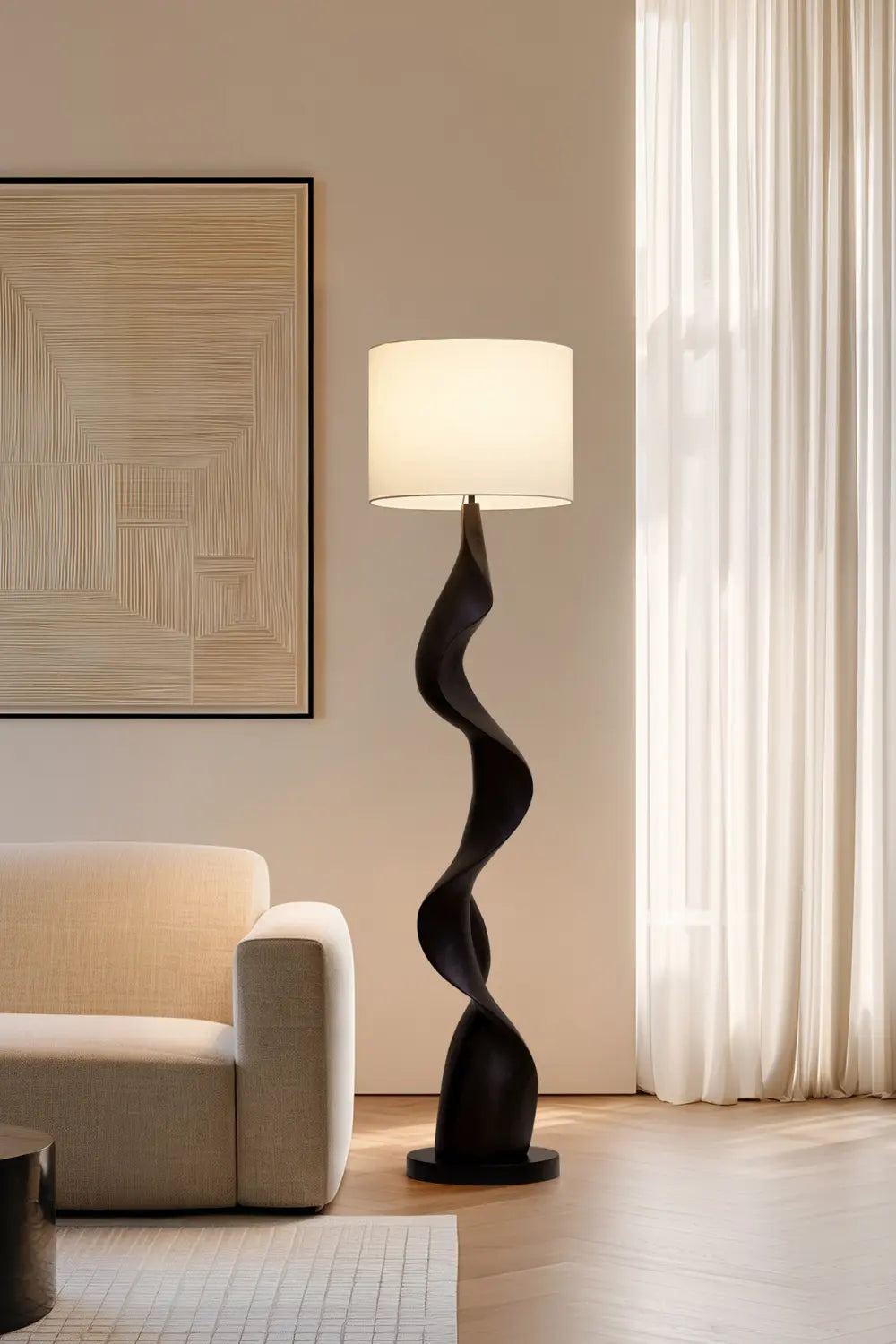 Modern Abstract Wood Floor Lamp With Twisted Sculptural Base For Living Room