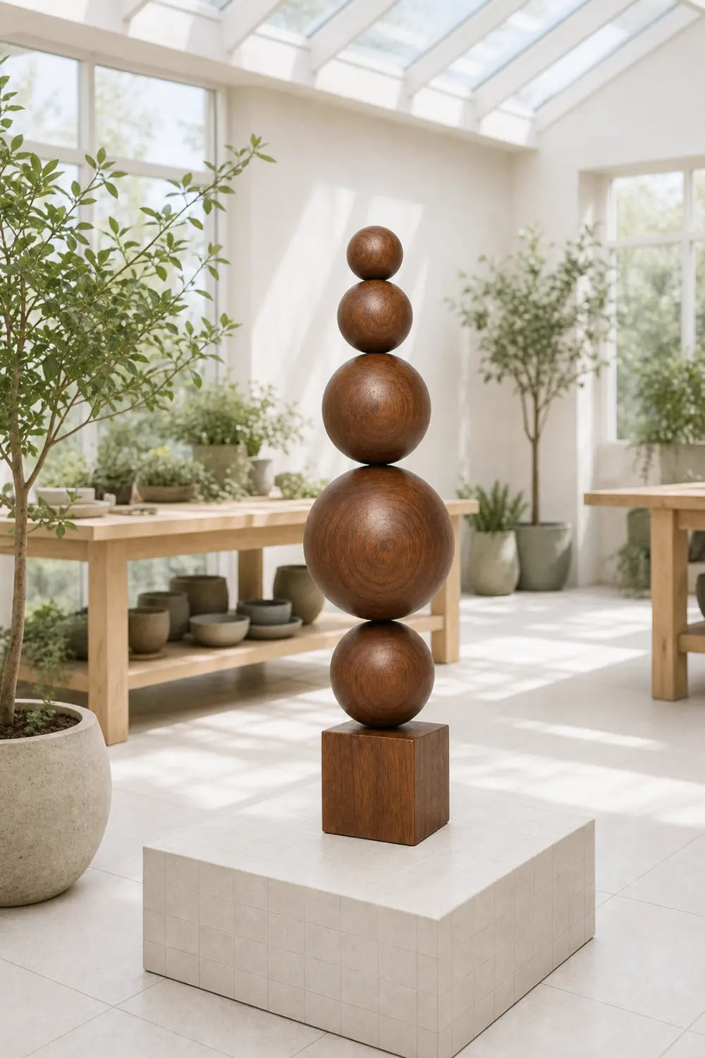 Handcrafted Minimalist Wood Sphere Sculpture Large Geometric Floor Art For Modern Home Decor