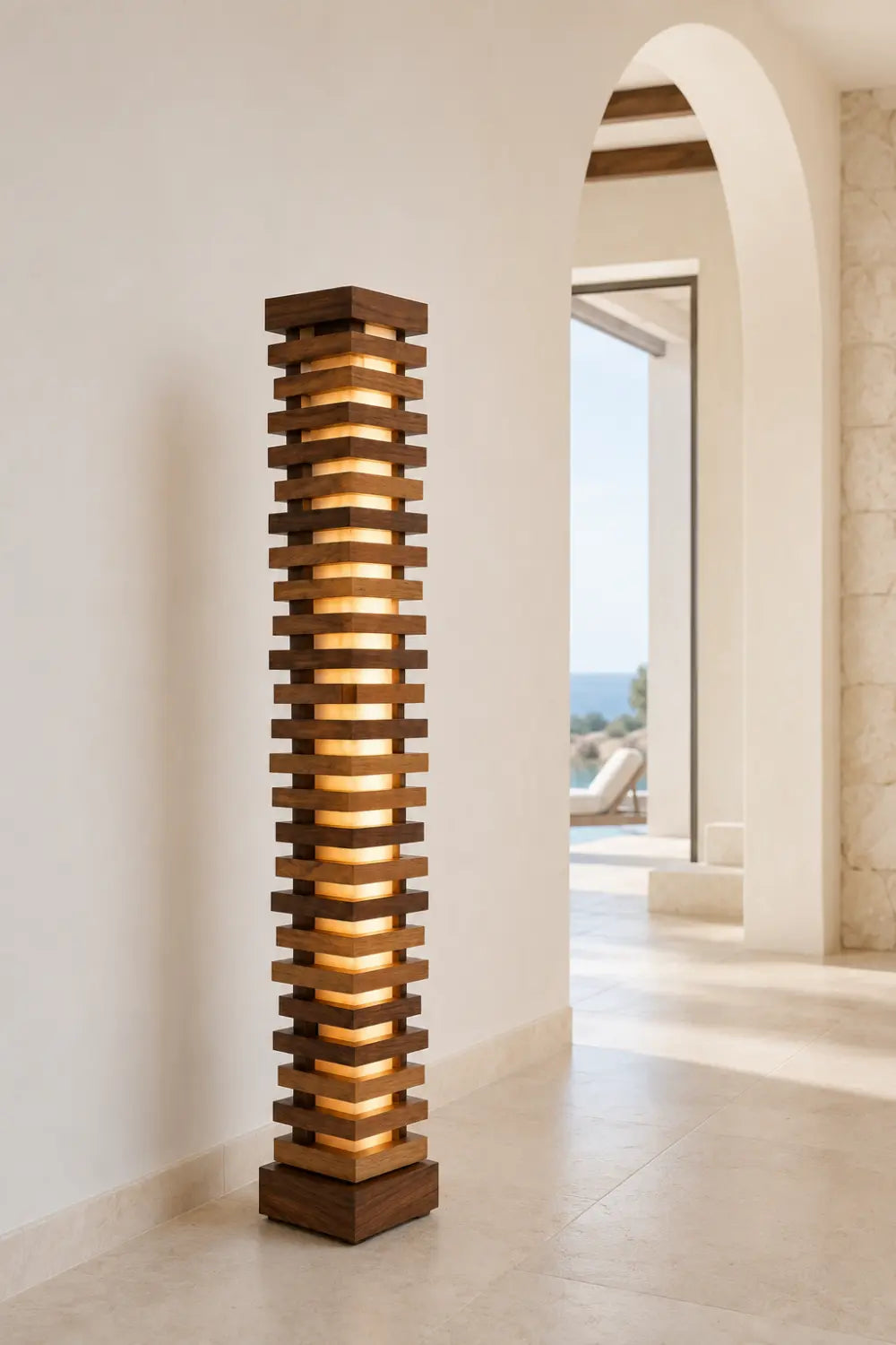 Handcrafted Natural Wood Floor Lamp With Layered Slats And Warm Glow Lighting