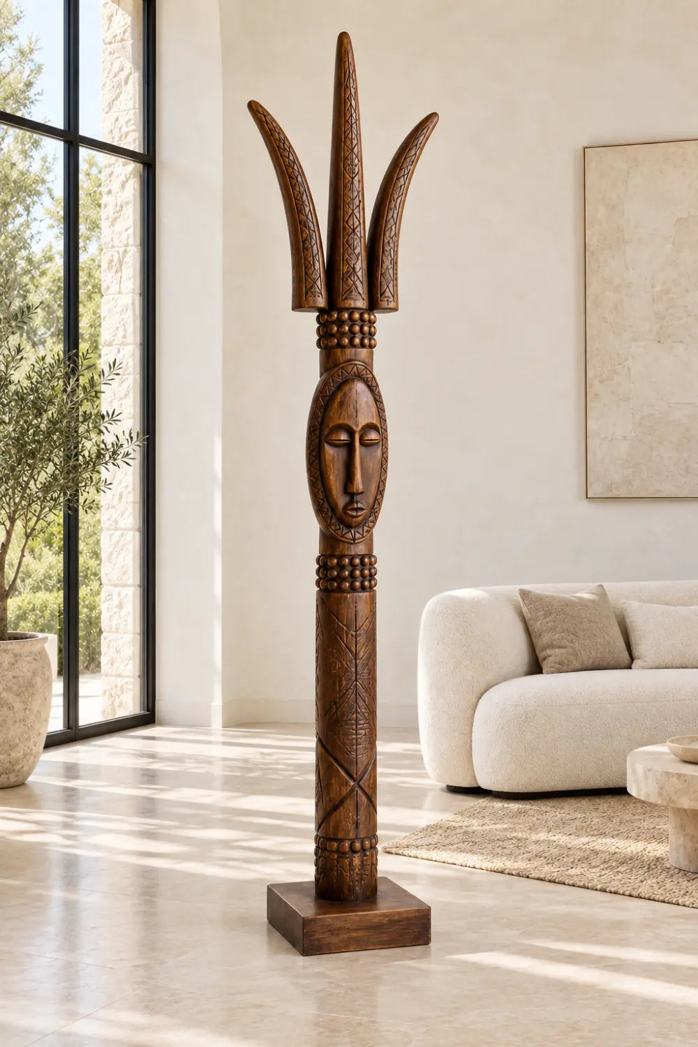 Large Vertical African Art Sculpture Abstract Human Form For Modern Bohemian Interior Design