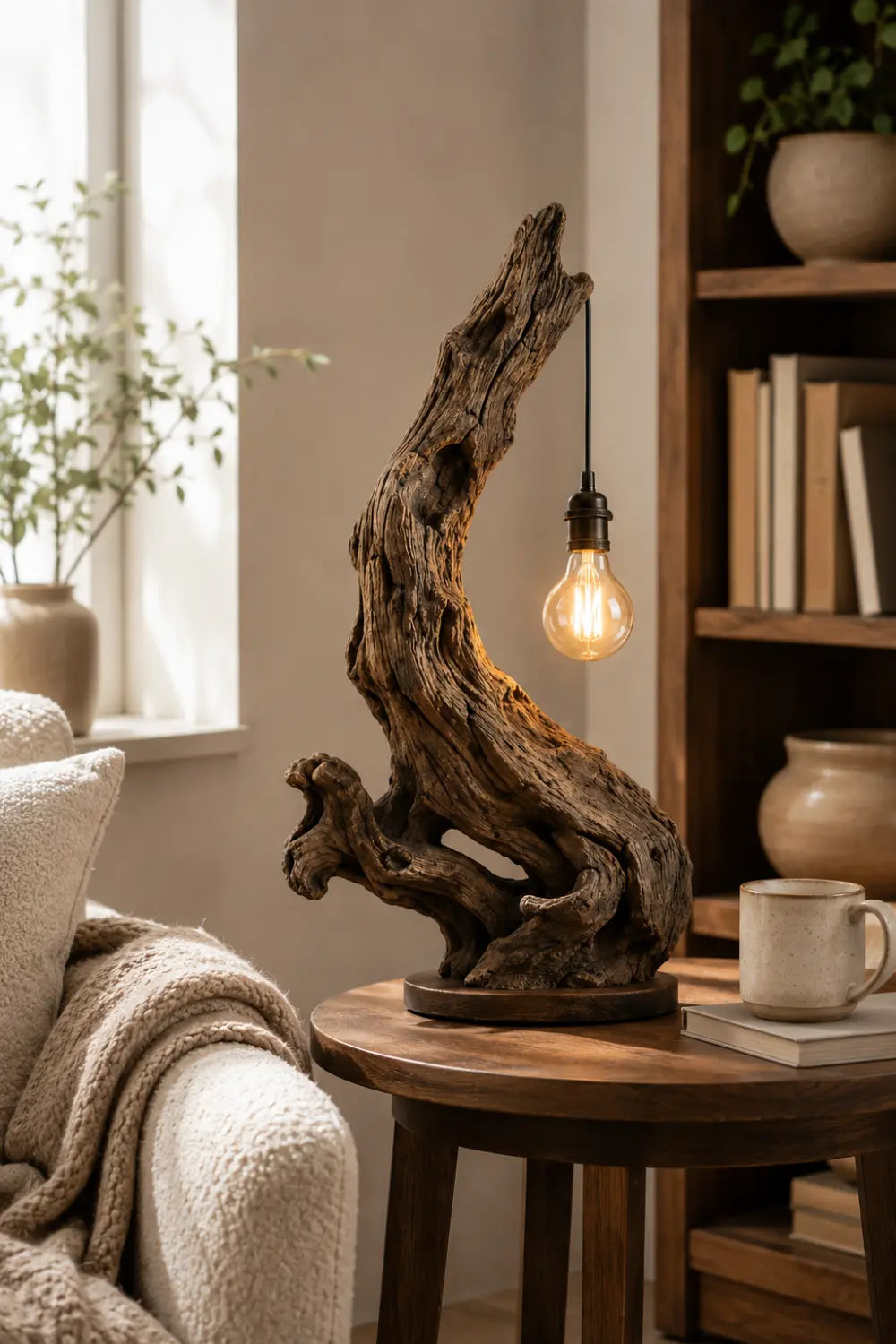 Natural Reclaimed Wood Log Table Lamp | Exposed Filament Bulb Lantern For Space Decor