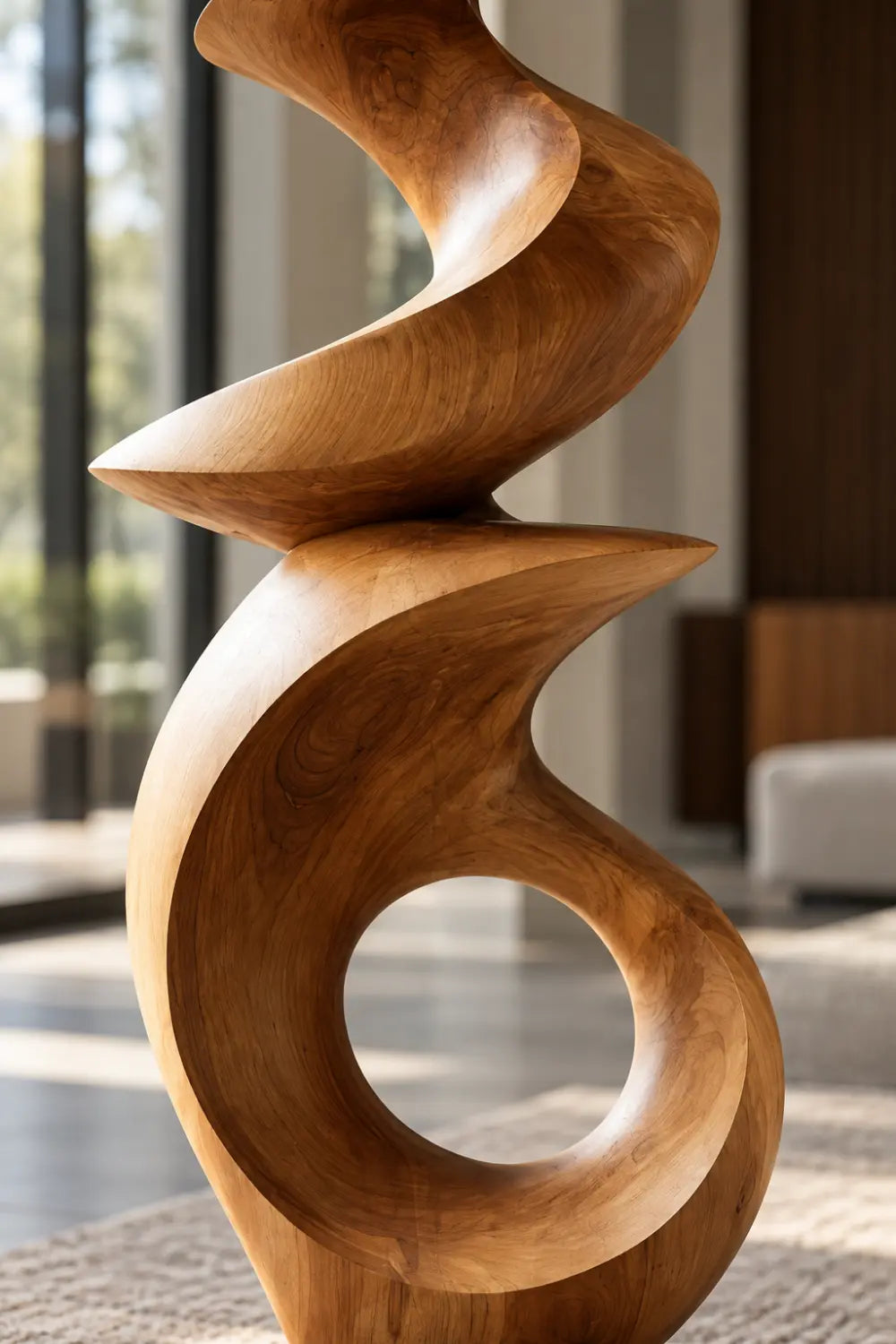 Large Spiral Wood Floor Sculpture | Abstract Open Ring Statue For Living Space