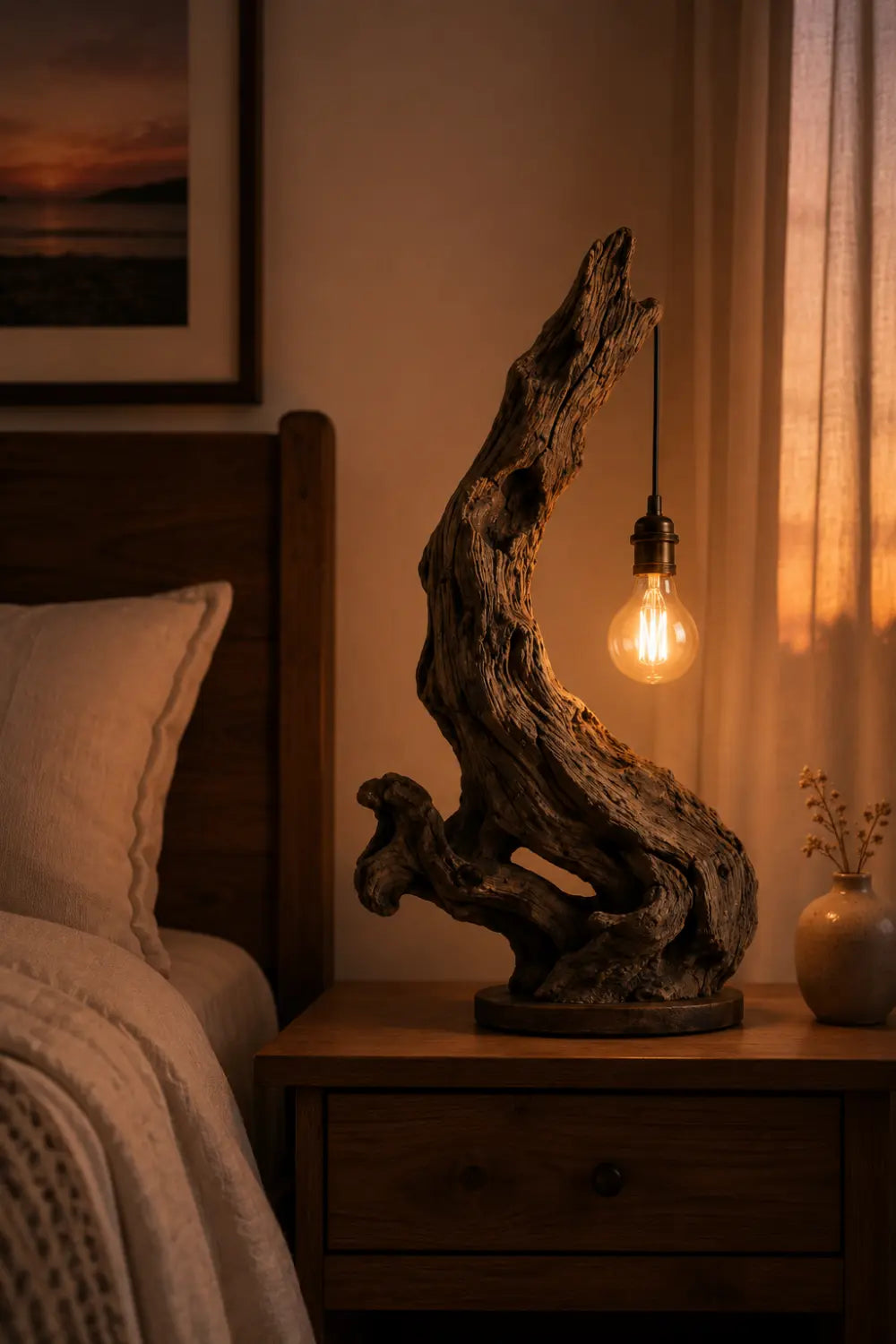 Natural Reclaimed Wood Log Table Lamp | Exposed Filament Bulb Lantern For Space Decor