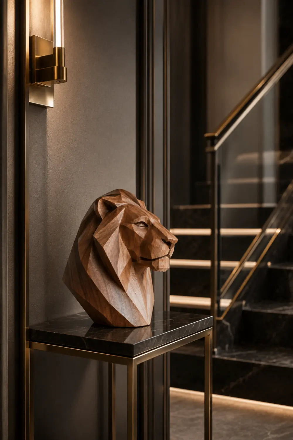 Hand-Carved Geometric Lion Head Sculpture In Walnut Wood For Modern Home Decor