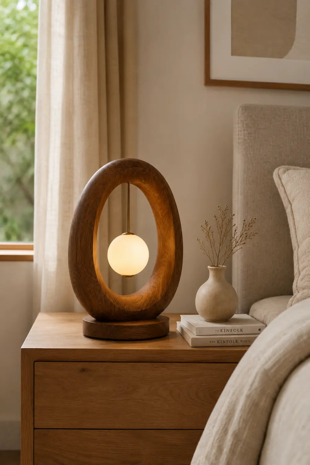 Minimalist Oval Wood Table Lamp | Elliptical Hanging Orb Desk Light For Space Decor