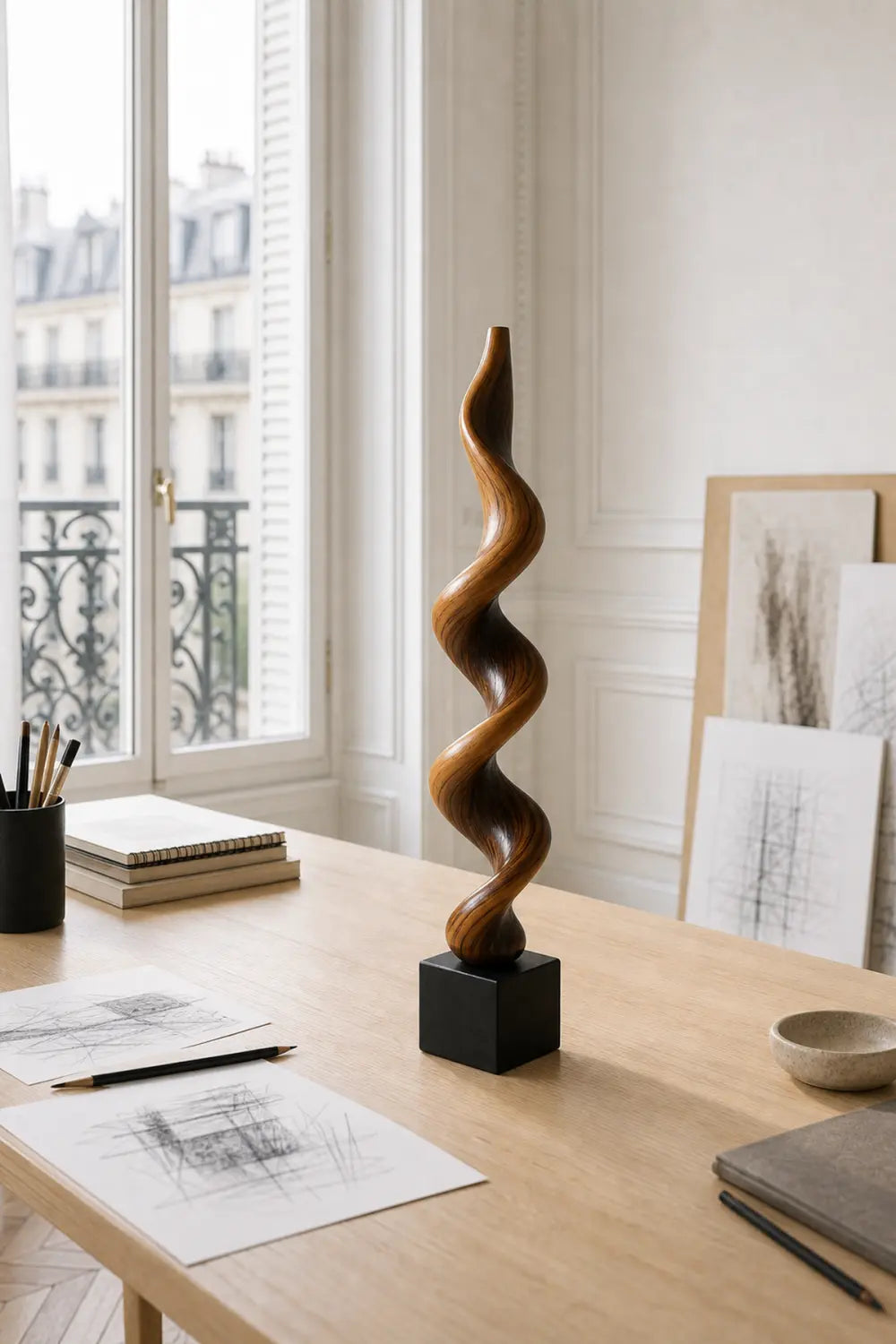 Large Hand-Carved Walnut Wood Spiral Sculpture For Modern Abstract Home Decor