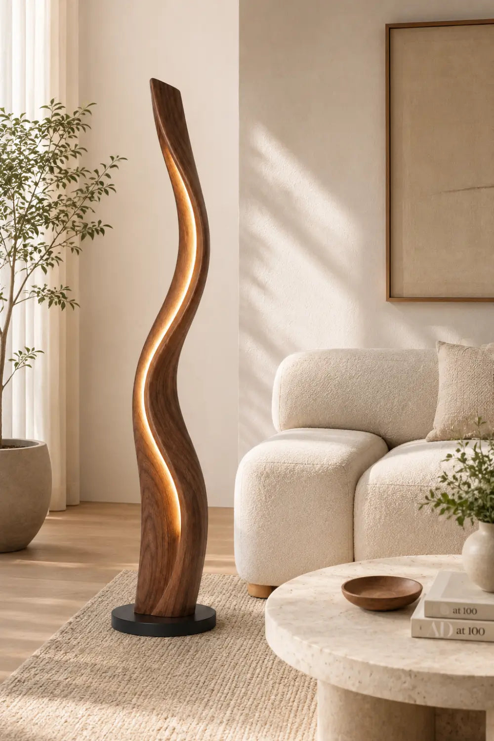 Organic Sculptural Wood Floor Lamp Twisted Design Warm White Light Home
