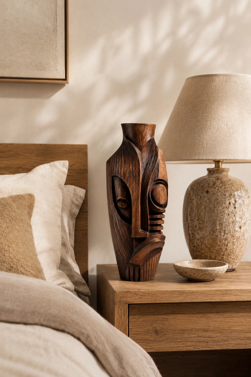 Hand-Carved African Tribal Wooden Vase Abstract Large Floor Decor
