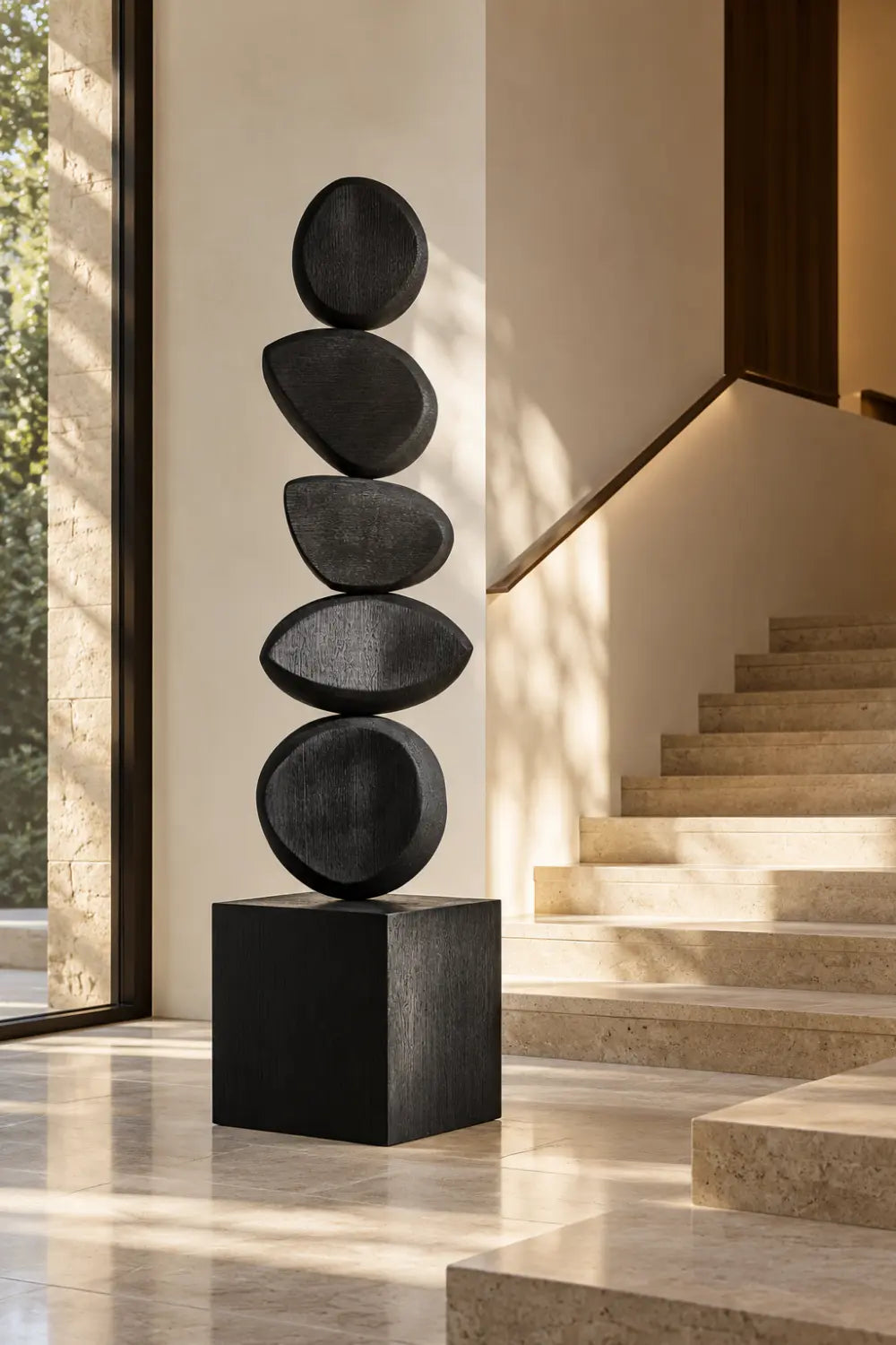Large Black Abstract Wood Sculpture For Modern Home Decor