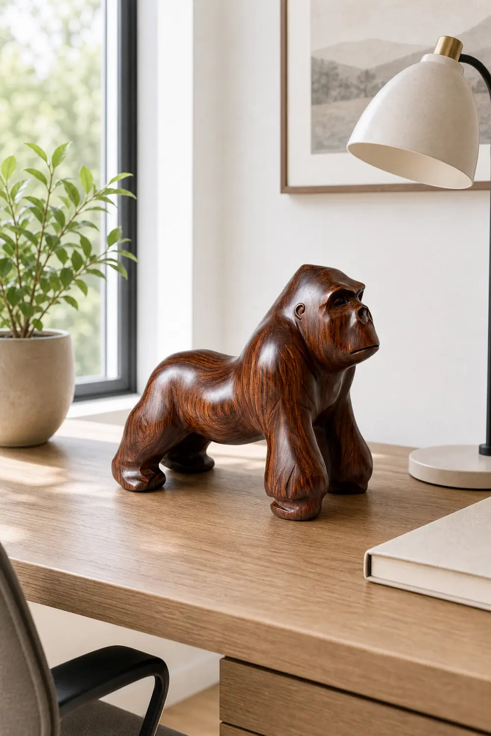 Hand-Carved Walnut Gorilla Sculpture - Realistic Animal Wood Statue For Home Decor