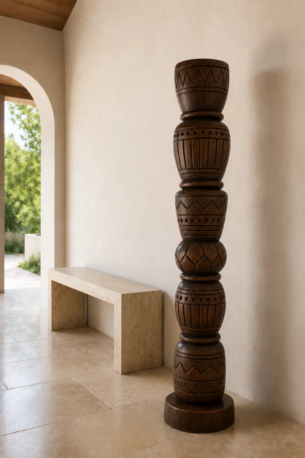 Stacked Geometric Wood Floor Sculpture | Tall Pillar Decor For Living Space