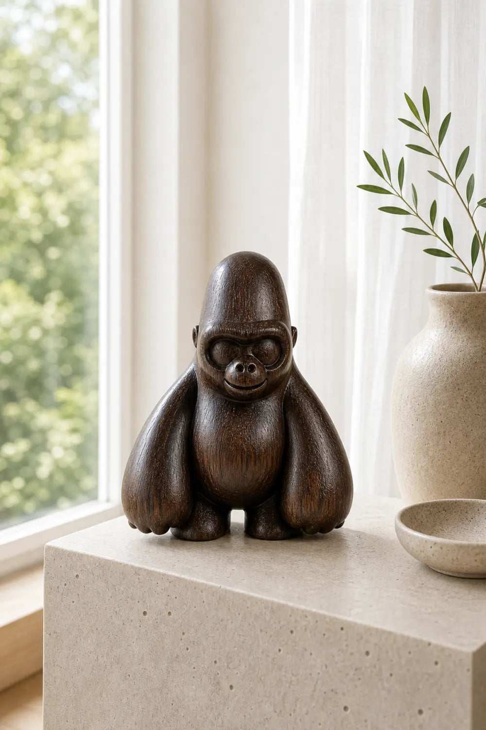 Hand-Carved Walnut Gorilla Sculpture For Modern Home Decor And Minimalist Interior Design