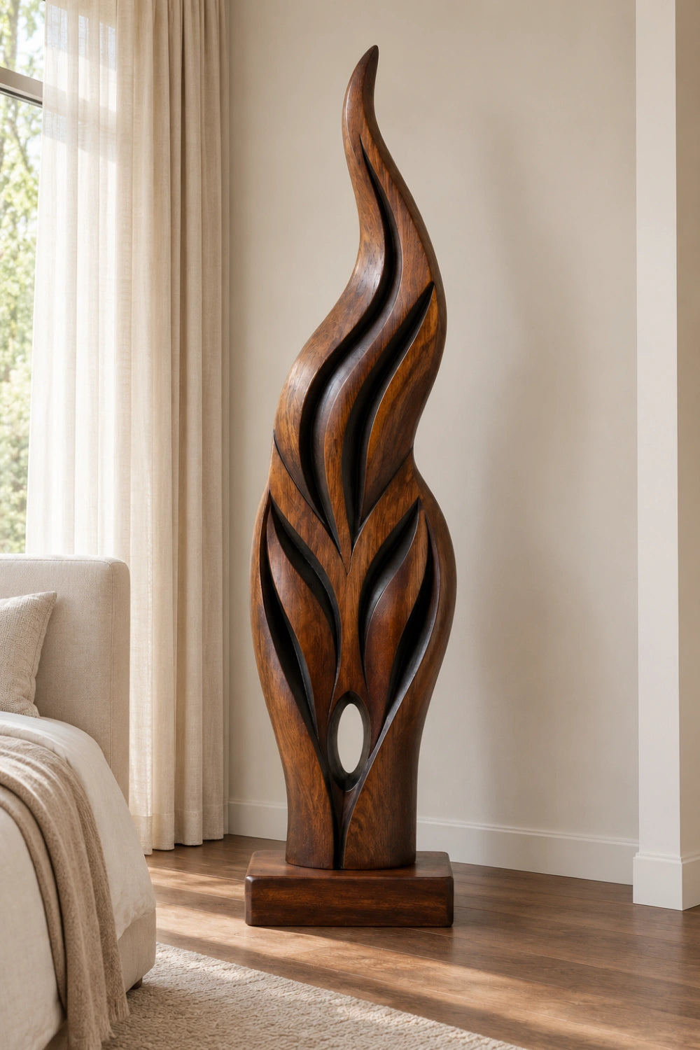 Abstract Wooden Flame Floor Sculpture | Dynamic Standing Decor For Living Space