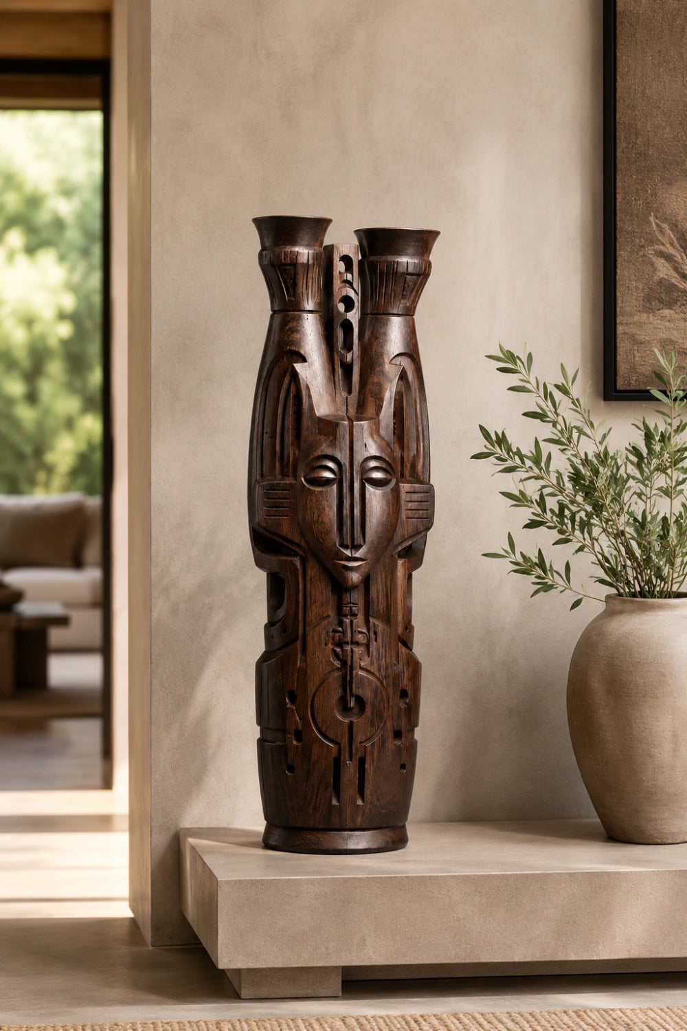 Hand-Carved African Tribal Wooden Floor Vase Large Abstract Sculpture For Modern Home Decor