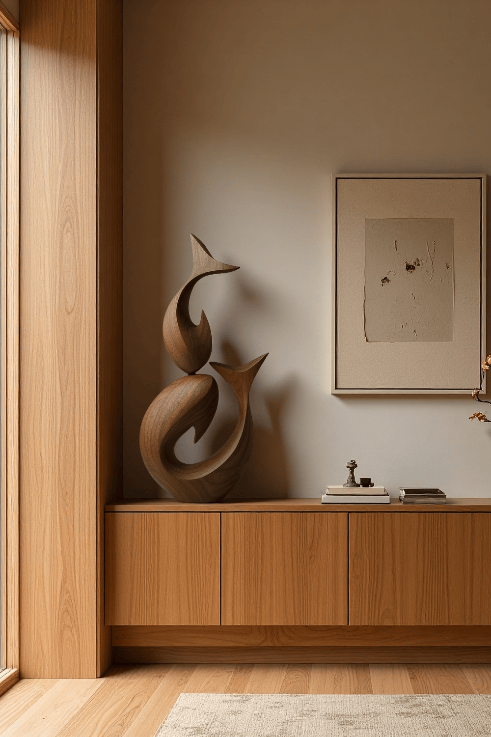 Modern Wooden Fish Sculpture Abstract Handcarved Decor Piece Wood Art